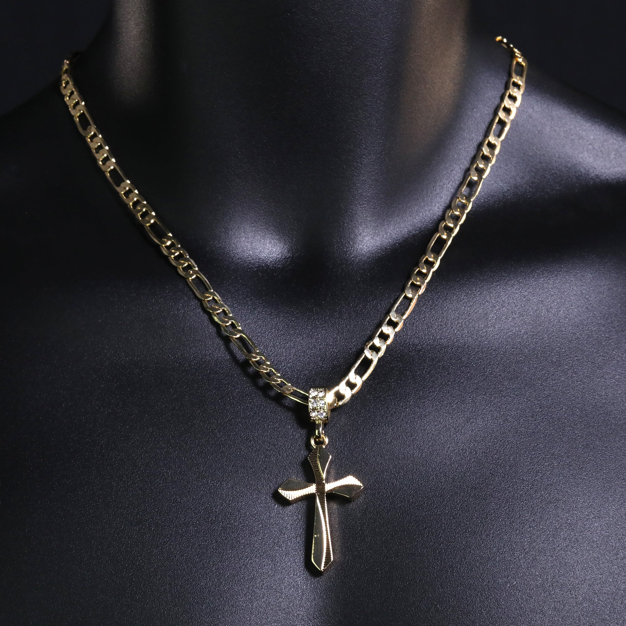 Clover Cross Pendant 20" Figaro Chain Hip Hop Style 18k Gold Plated