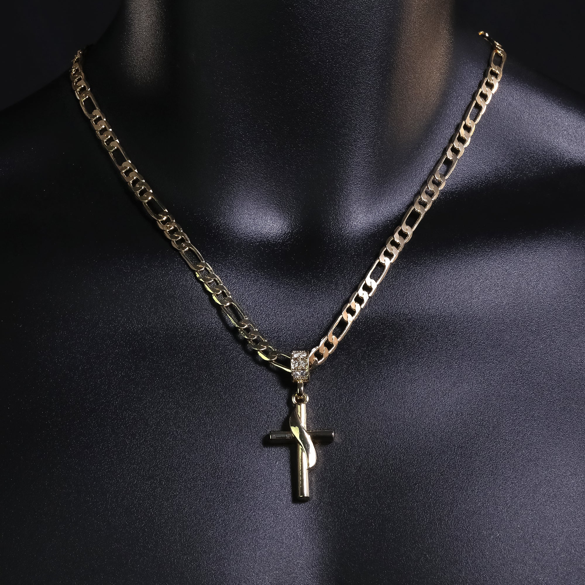 Drape Cross Pendant 20" Figaro Chain Hip Hop Style 18k Gold Plated