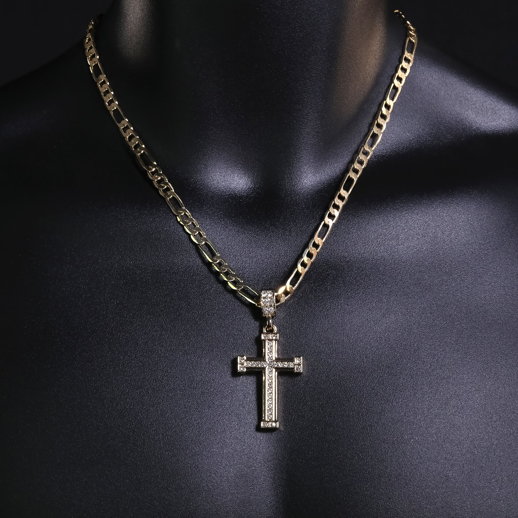 Single Row Cz Staple Cross Pendant 20" Figaro Chain Hip Hop Style 18k Gold Plated