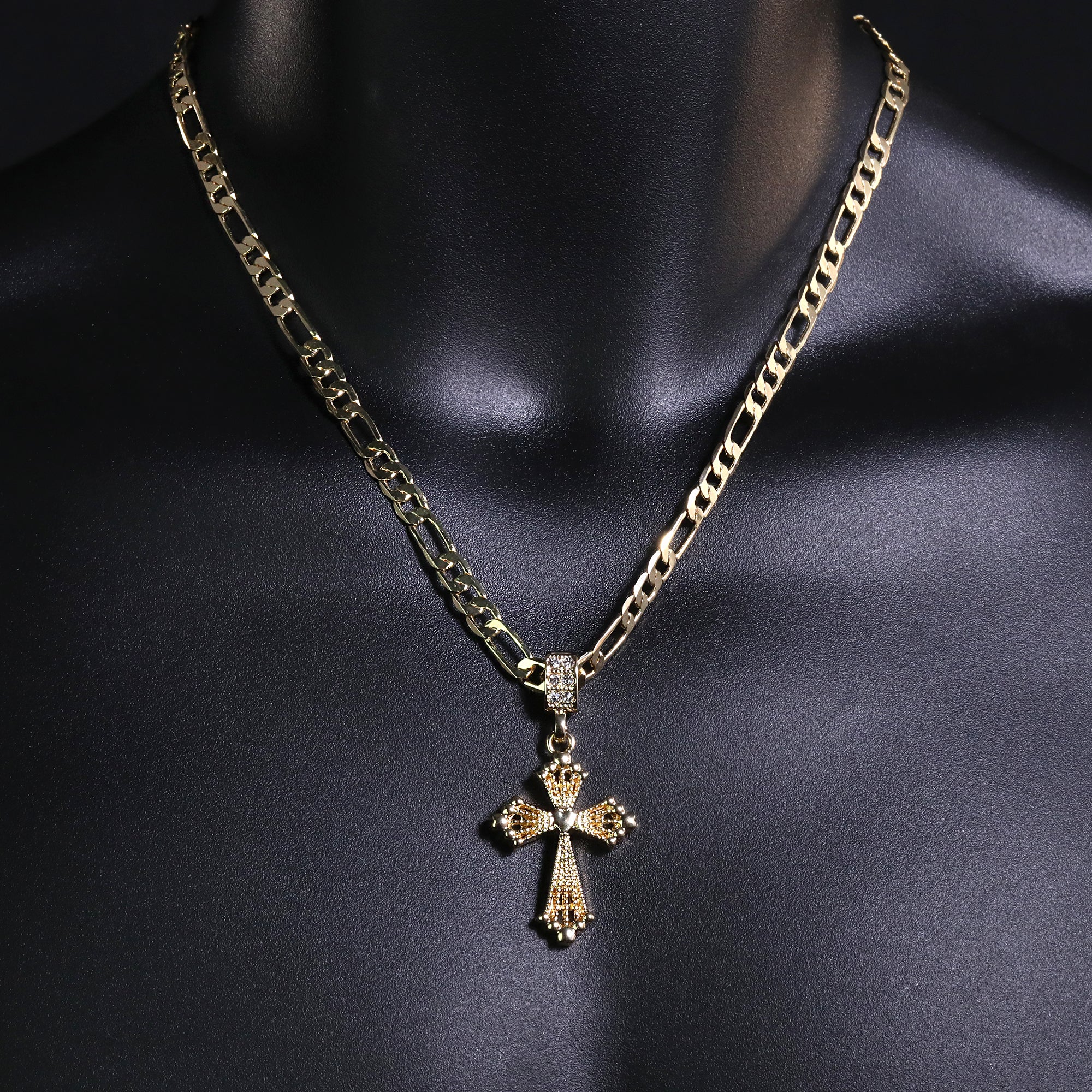 Heart Cross Pendant 20" Figaro Chain Hip Hop Style 18k Gold Plated