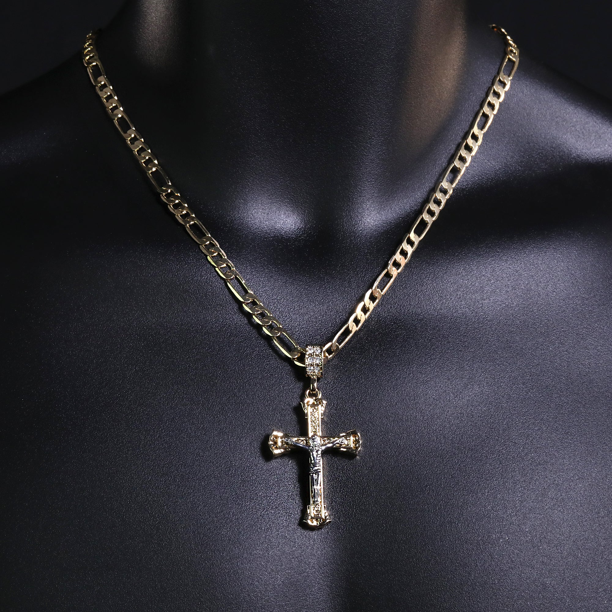 Two Tone Jesus Pillar Cross Pendant 20" Figaro Chain Hip Hop Style 18k Gold Plated