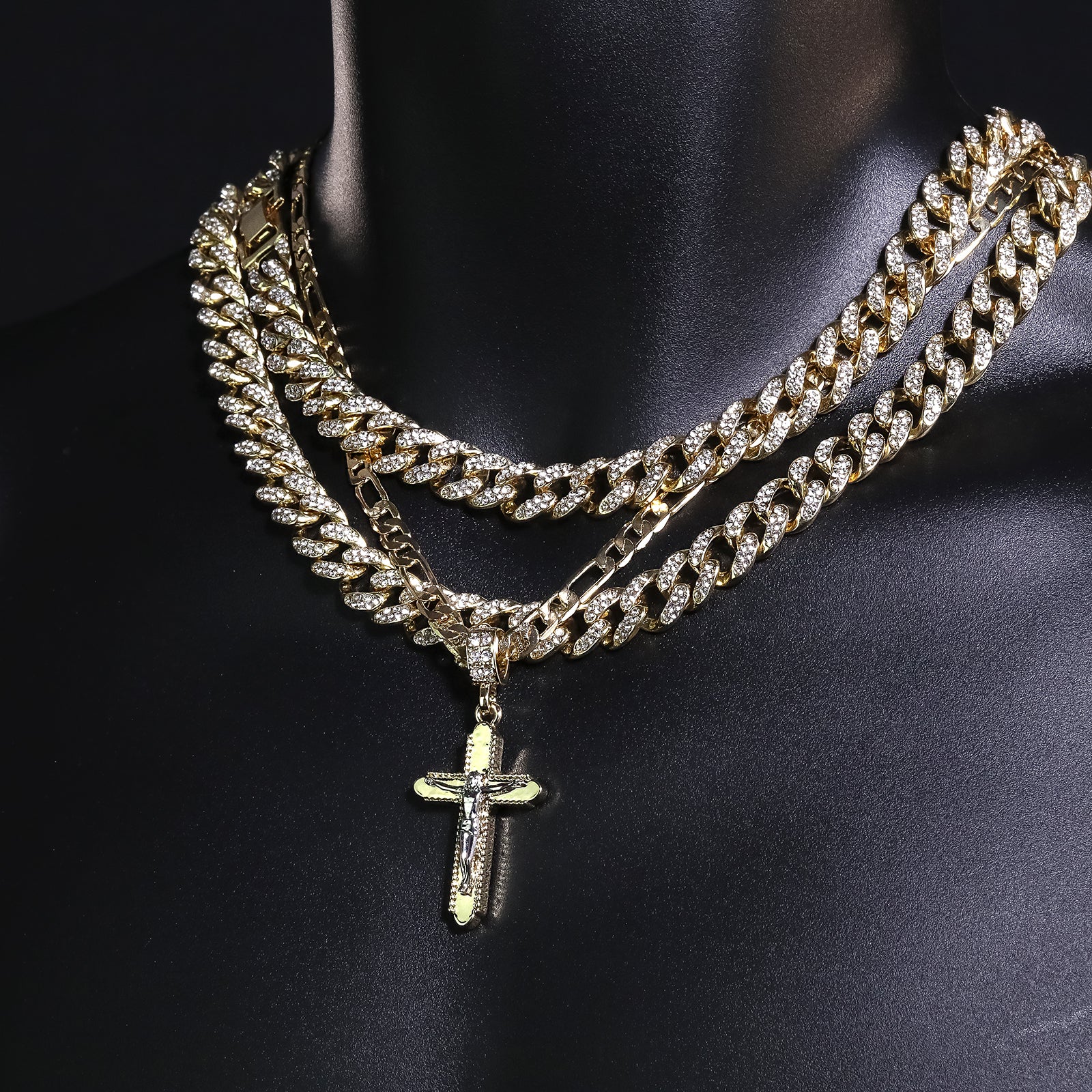 Two Tone Jesus Smooth Cross Pendant 20" Figaro Chain Hip Hop Style 18k Gold Plated