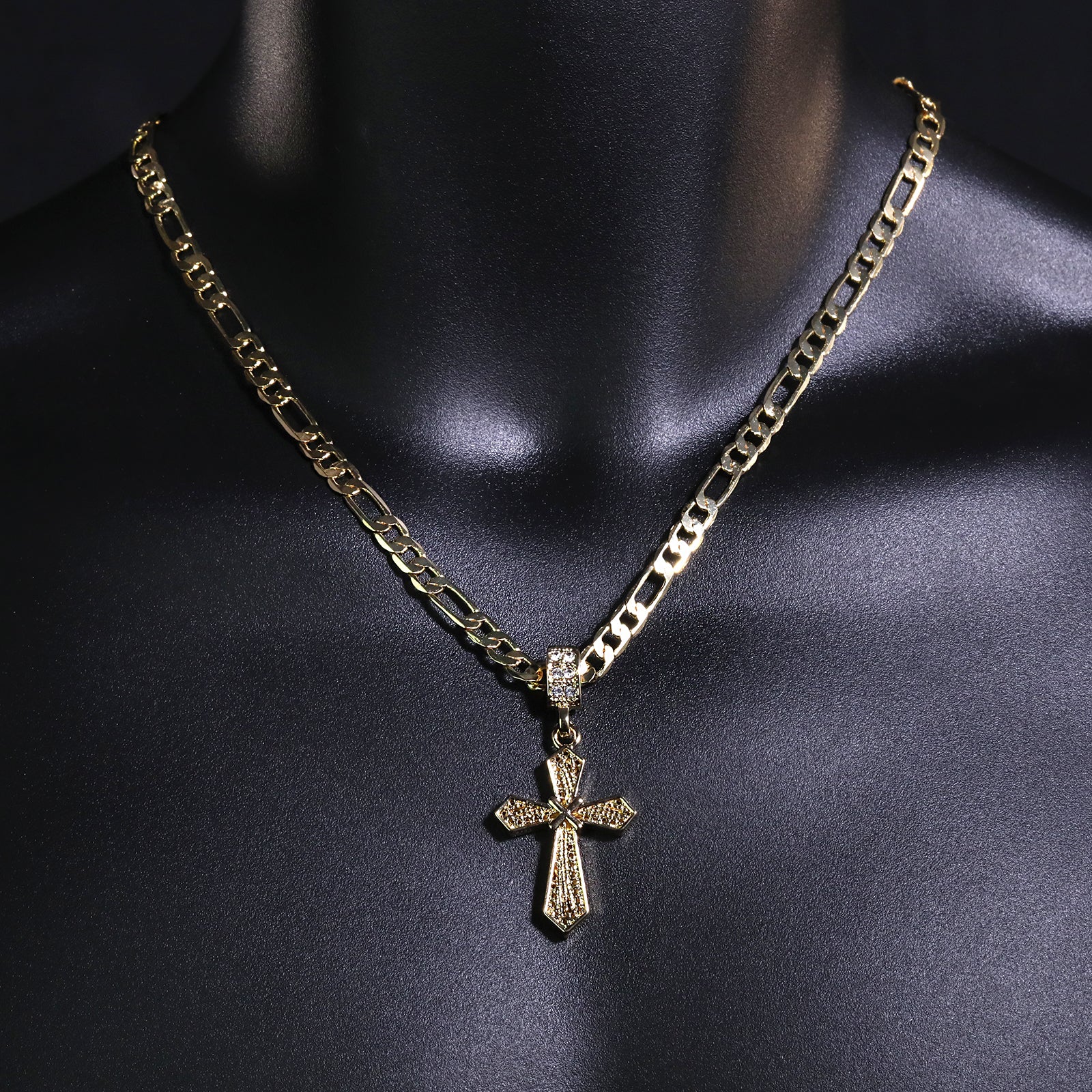X Cross Pendant 20" Figaro Chain Hip Hop Style 18k Gold Plated