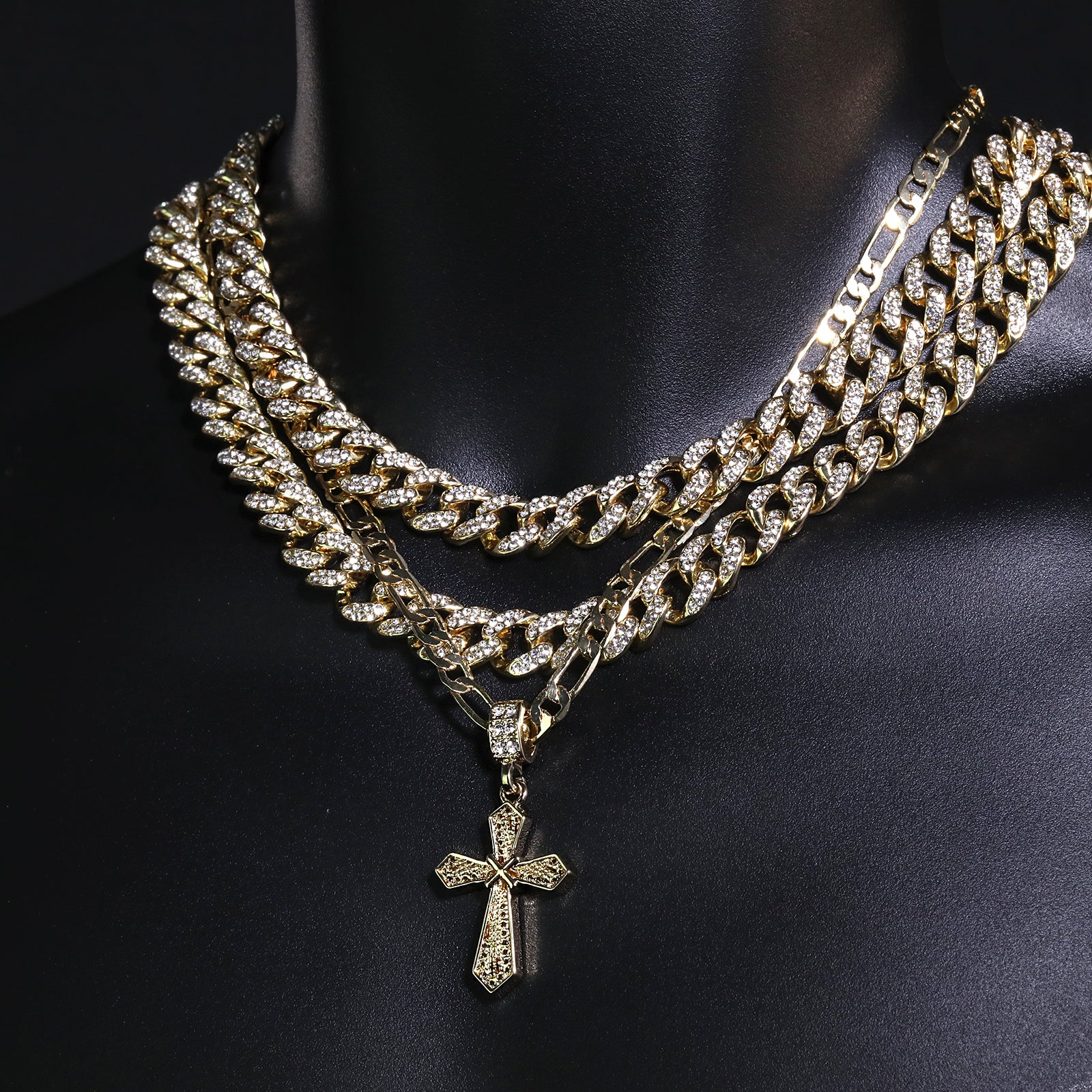 X Cross Pendant 20" Figaro Chain Hip Hop Style 18k Gold Plated