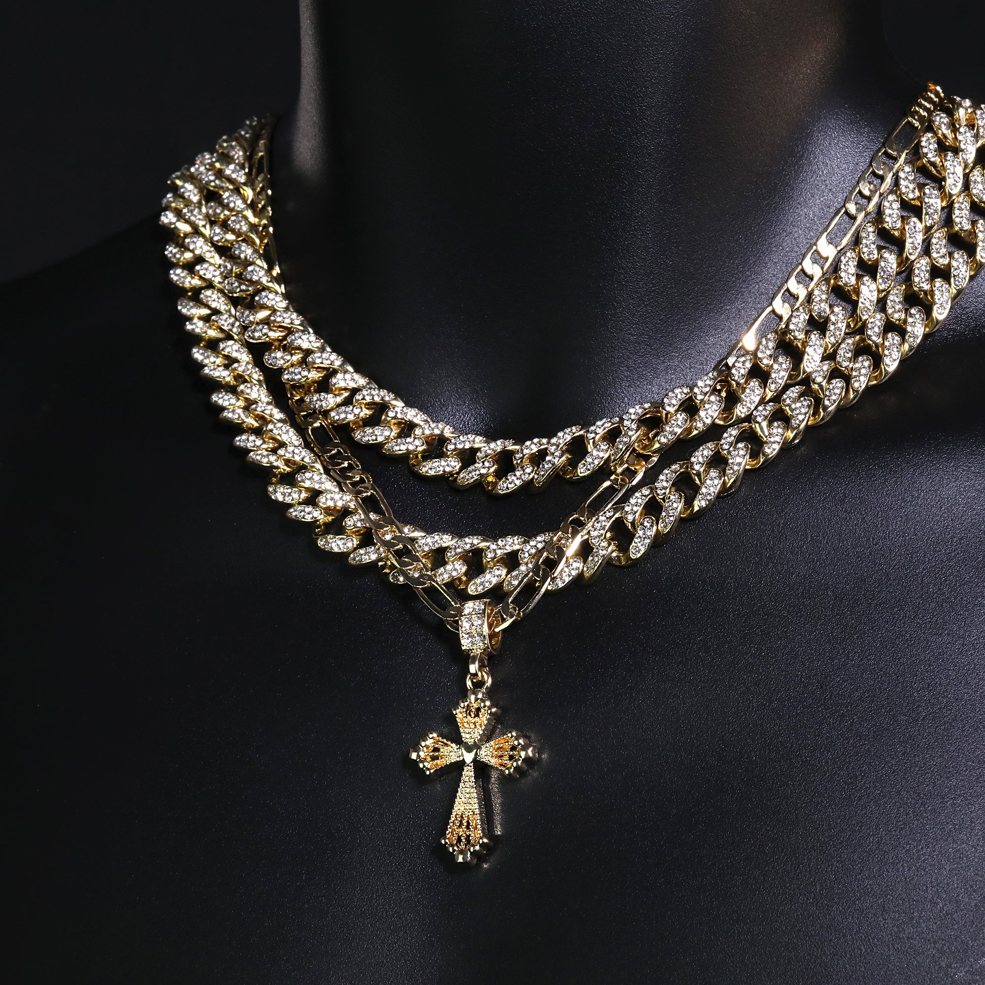 Heart Cross Pendant 20" Figaro Chain Hip Hop Style 18k Gold Plated