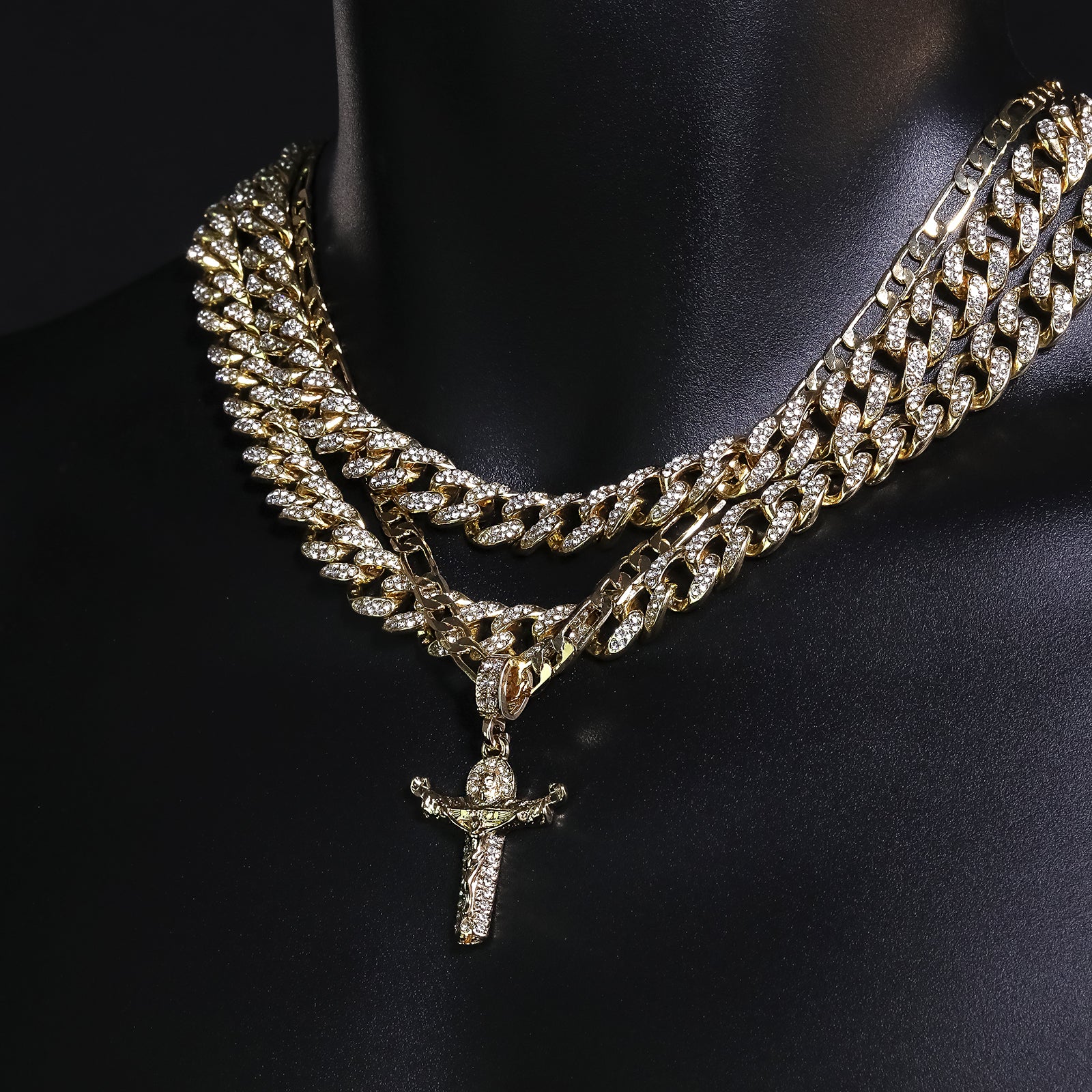 Jesus & Holy Father Cross Pendant 20" Figaro Chain Hip Hop Style 18k Gold Plated