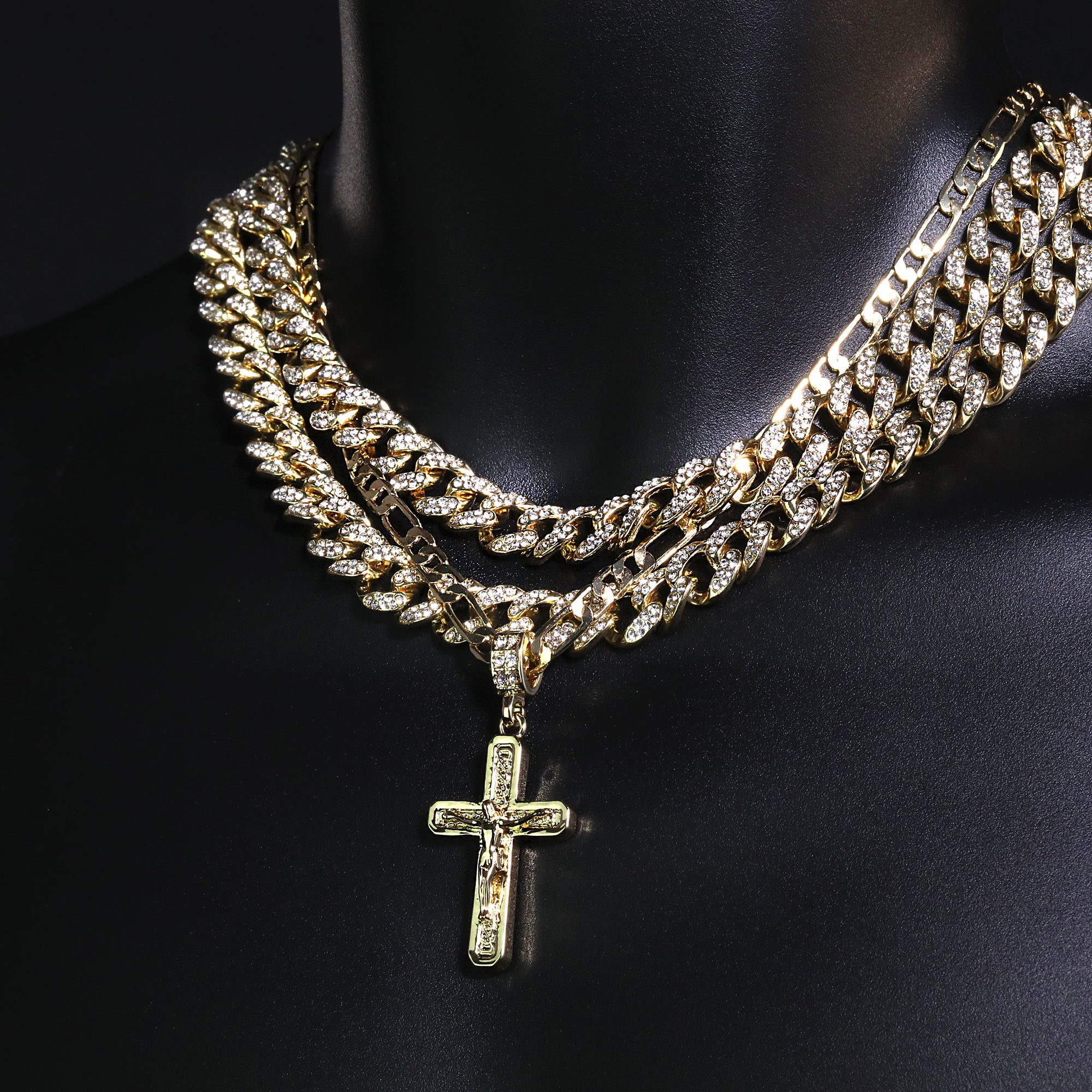 Jesus Pillar Cross Pendant 20" Figaro Chain Hip Hop Style 18k Gold Plated