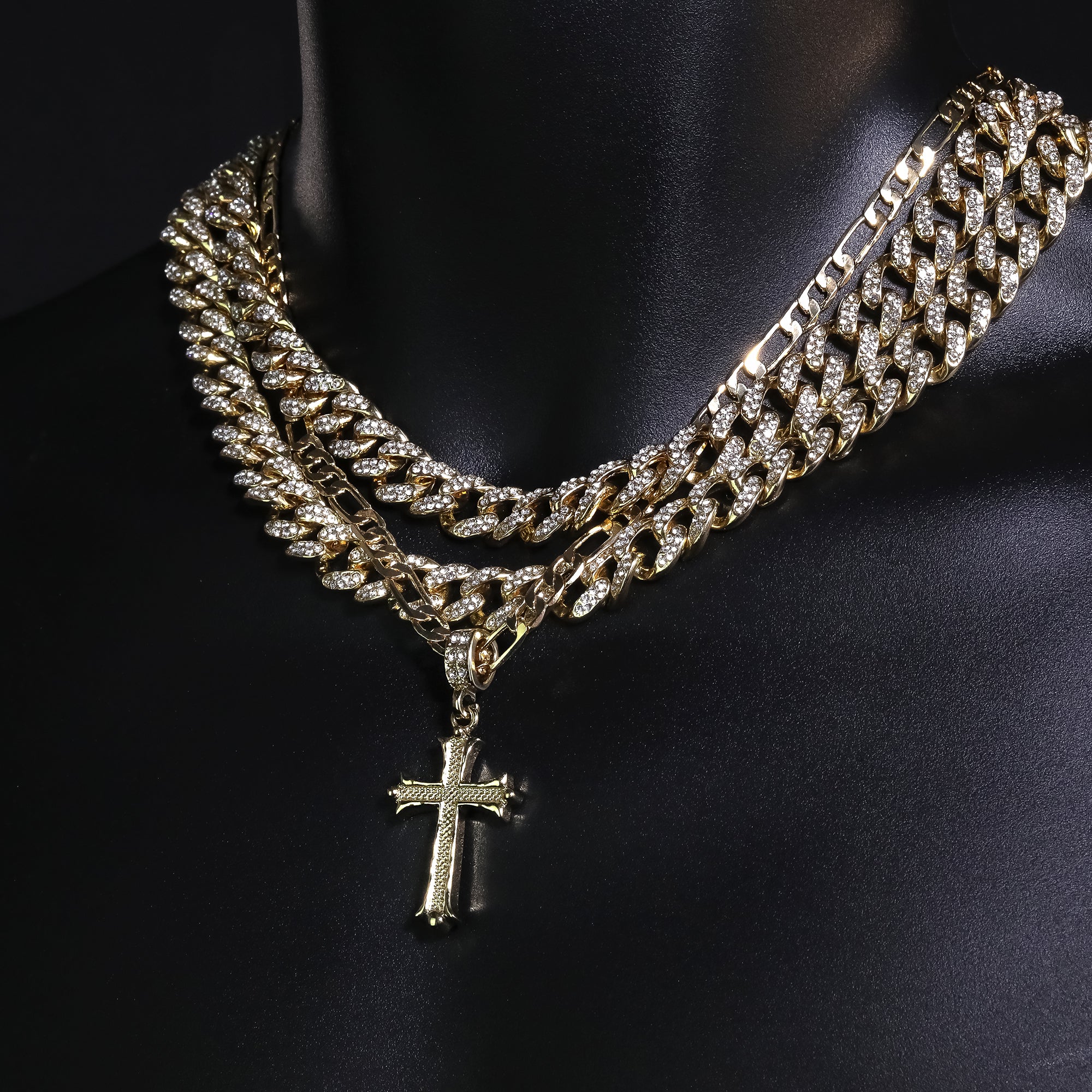 Ball Ended Cross Pendant 20" Figaro Chain Hip Hop Style 18k Gold Plated