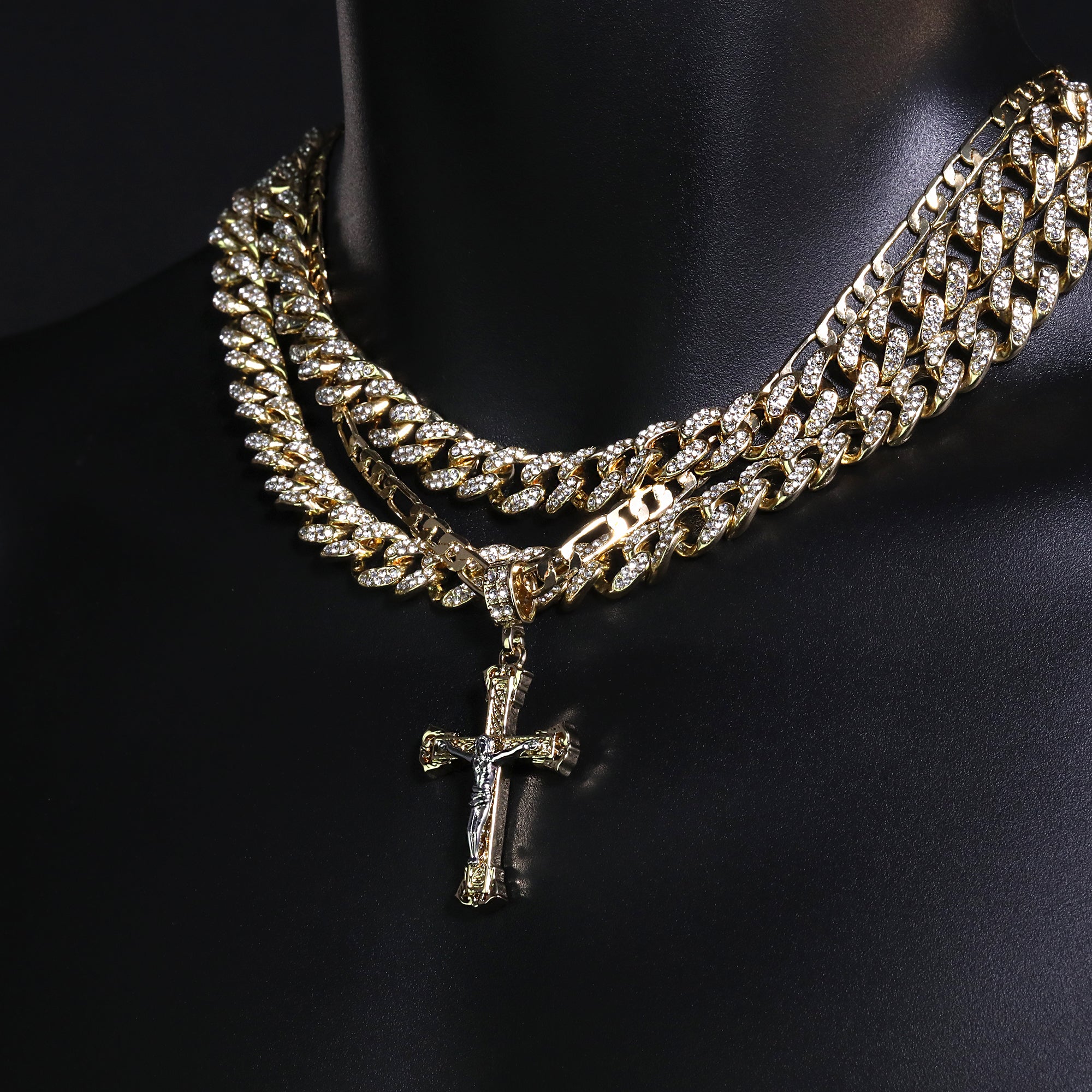 Two Tone Jesus Pillar Cross Pendant 20" Figaro Chain Hip Hop Style 18k Gold Plated