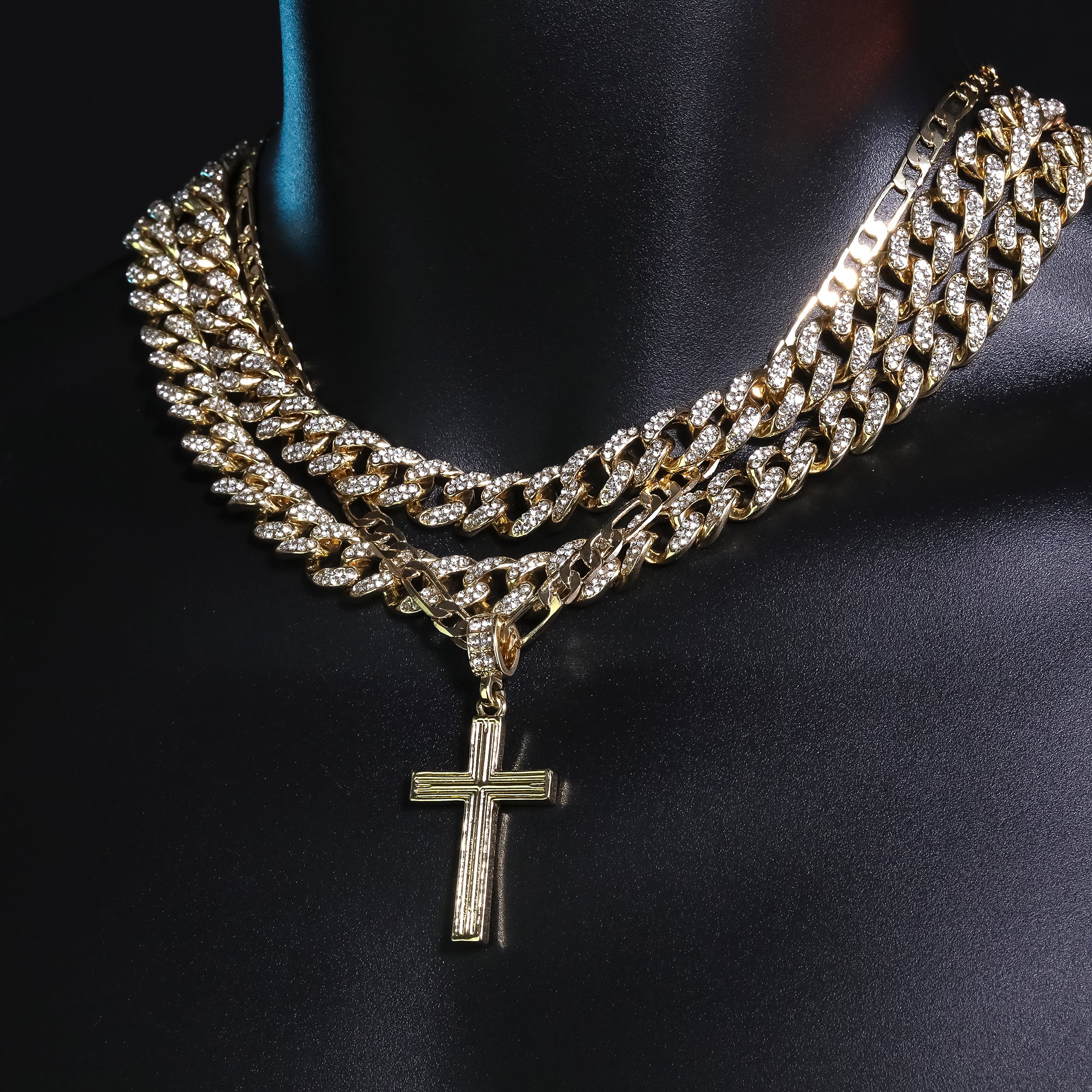 Line Cross Pendant 20" Figaro Chain Hip Hop Style 18k Gold Plated