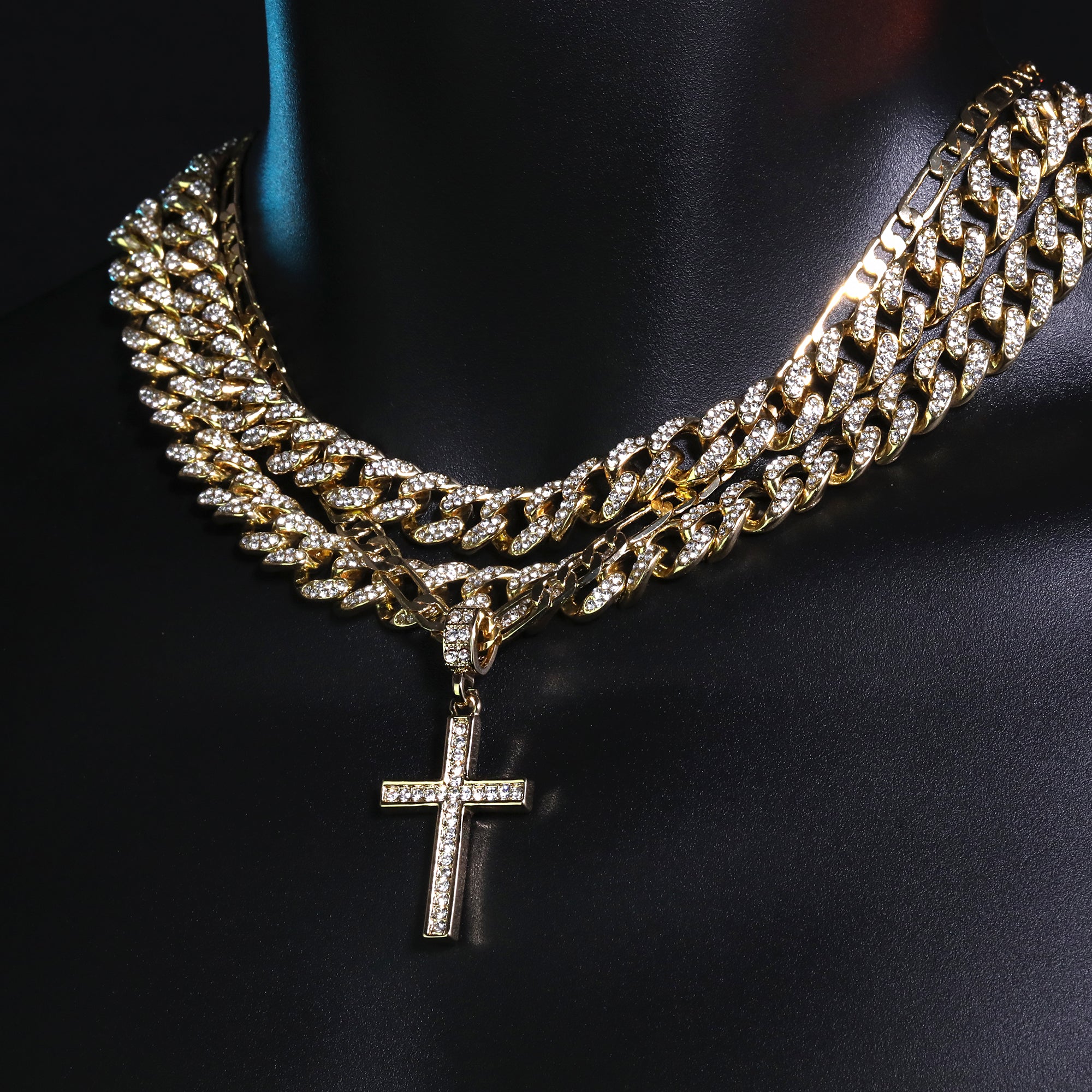 Single Row Cz Cross Pendant 20" Figaro Chain Hip Hop Style 18k Gold Plated
