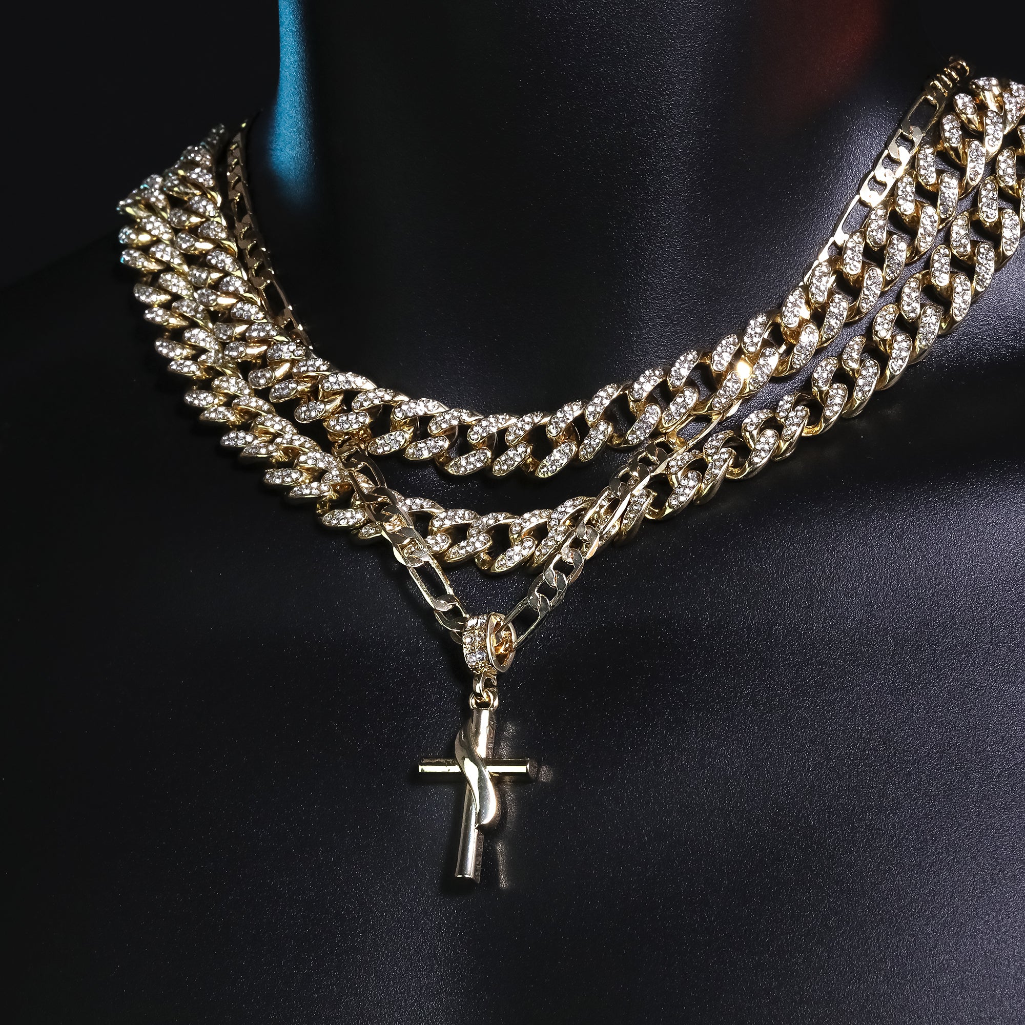 Drape Cross Pendant 20" Figaro Chain Hip Hop Style 18k Gold Plated