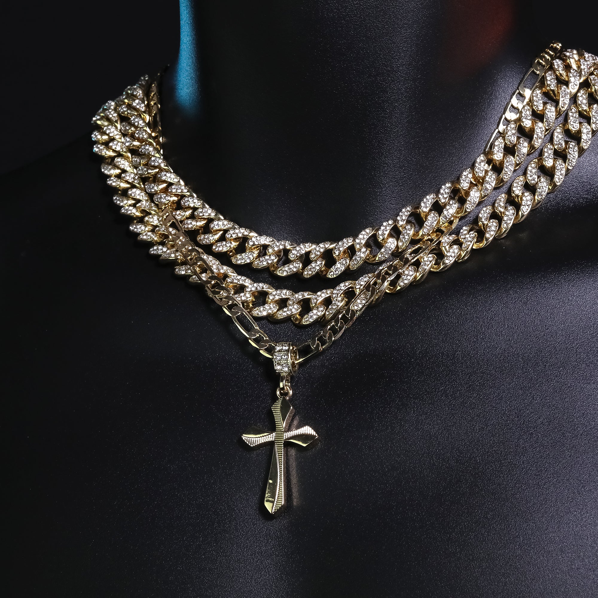 Clover Cross Pendant 20" Figaro Chain Hip Hop Style 18k Gold Plated