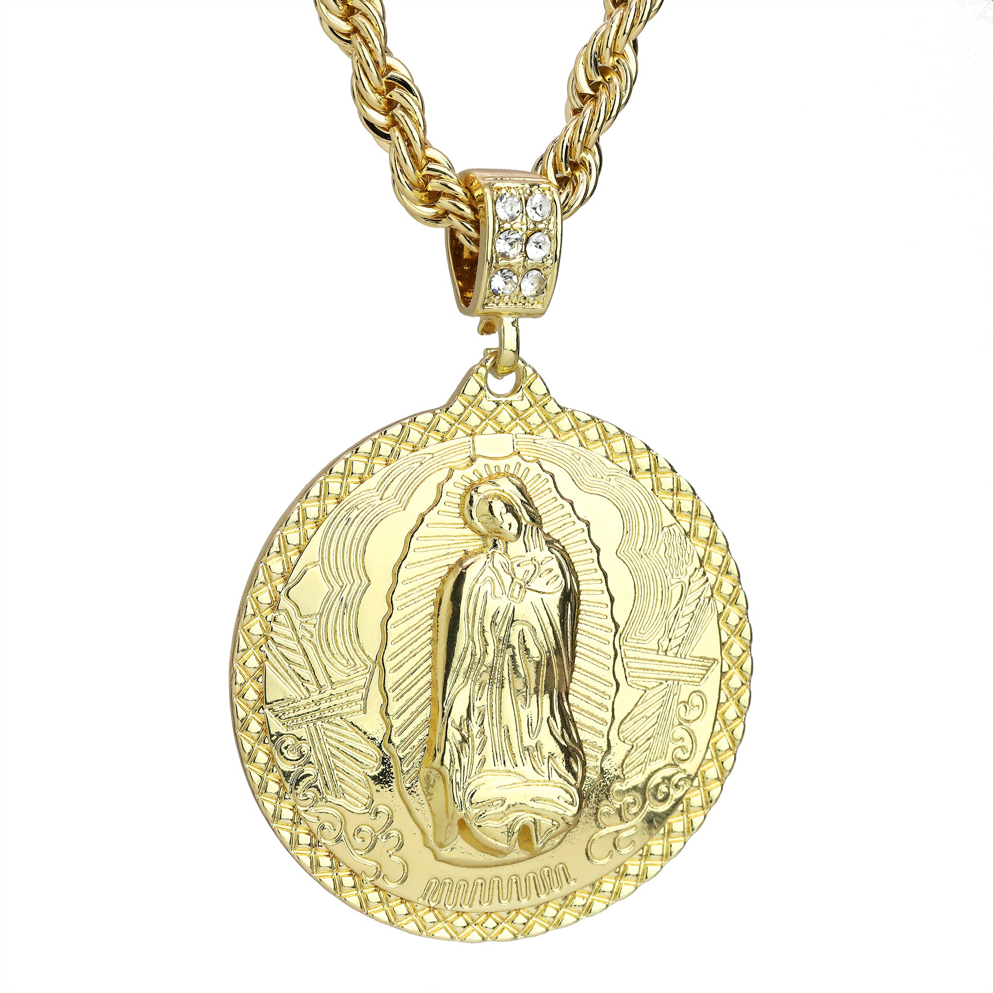 Cz Round Mini Oval Guadalupe Pendant Rope 6mm 24 Necklace Men's 14k Gold Plated