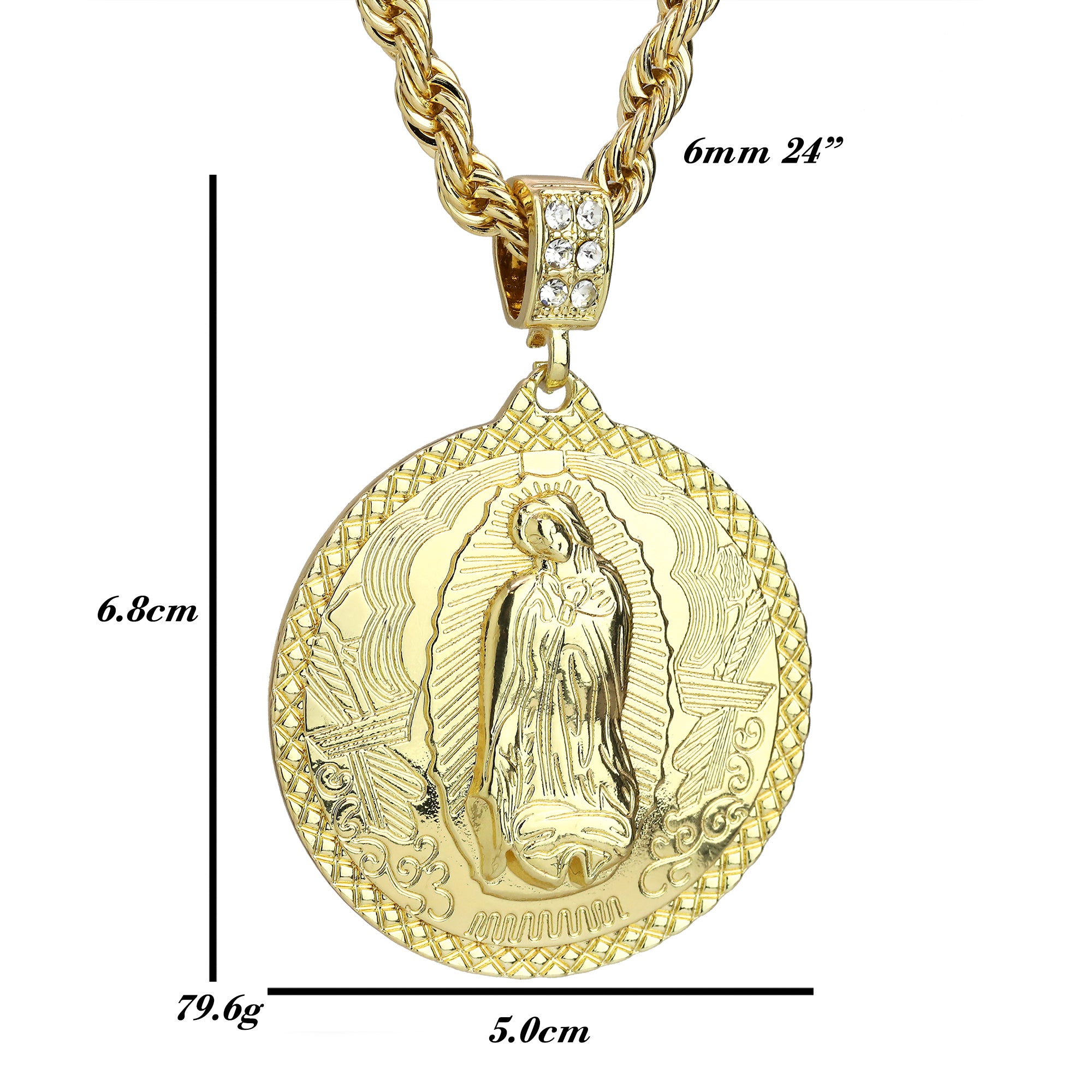 Cz Round Mini Oval Guadalupe Pendant Rope 6mm 24 Necklace Men's 14k Gold Plated
