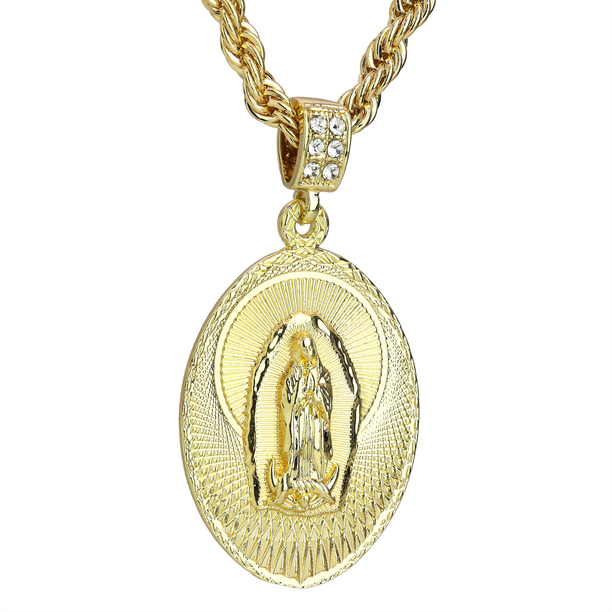 Cz Oval Pattern Line Guadalupe Pendant Rope 6mm 24 Necklace Men's 14k Gold Pl