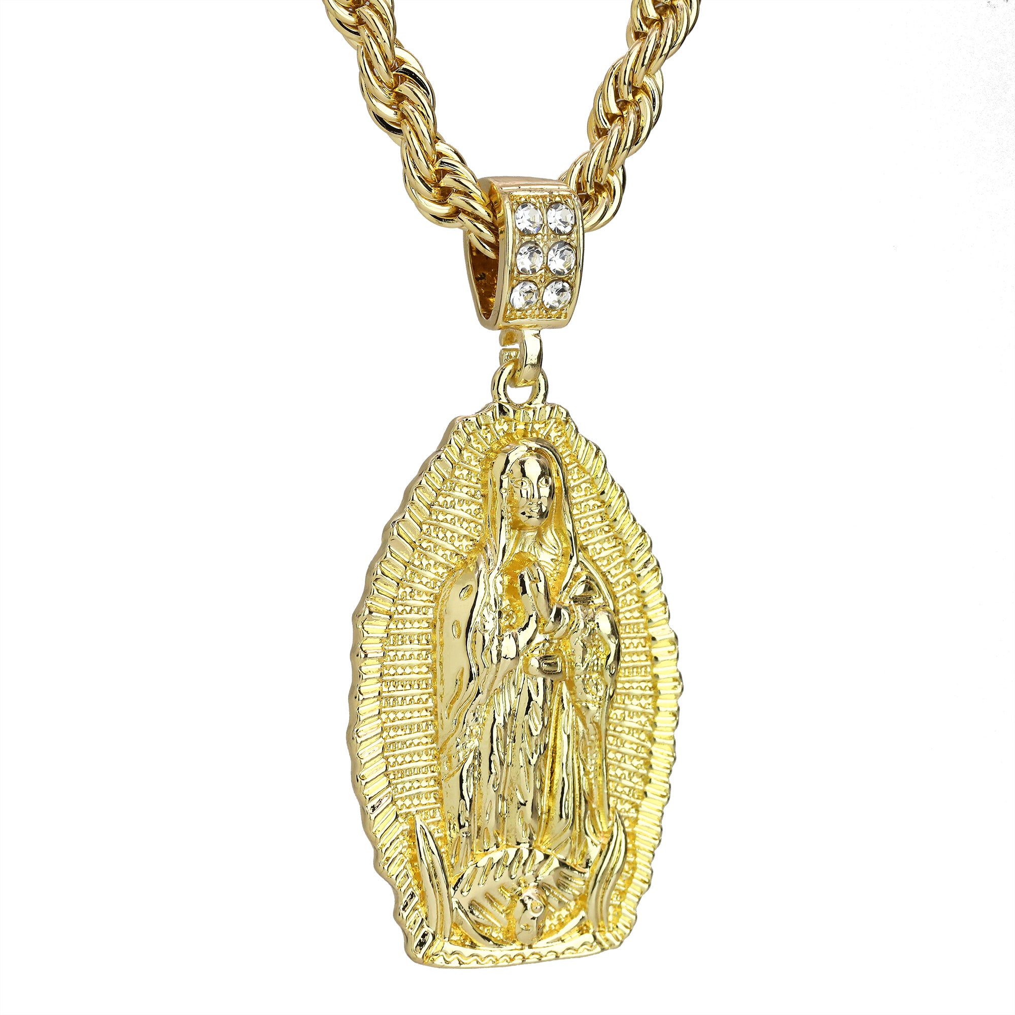 Cz Oval Flat Line Holy Guadalupe Pendant Rope 6mm 24 Necklace Men's 14k Gold Pl