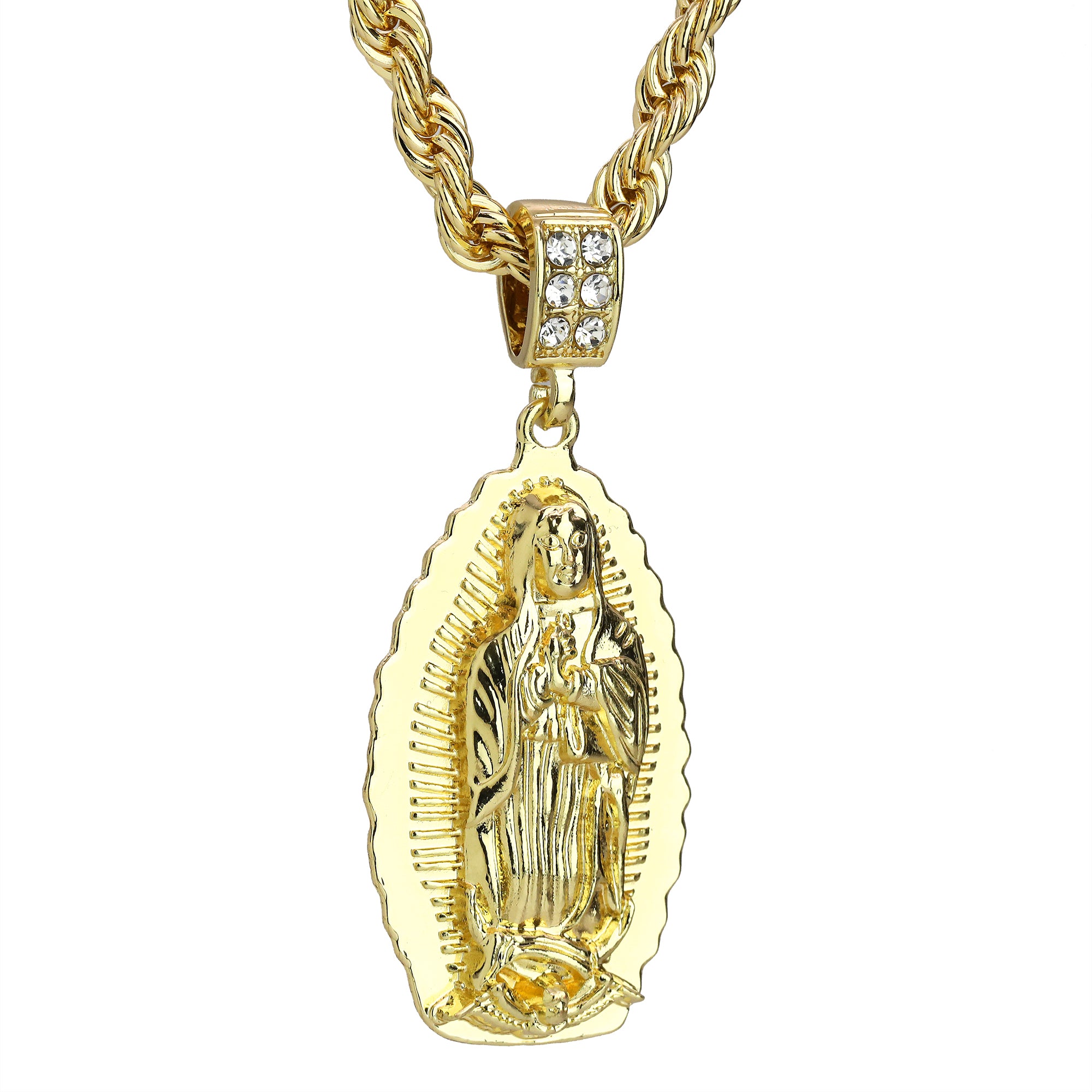 Cz Oval Wavy Guadalupe Pendant Rope 6mm 24 Necklace Men's 14k Gold Plated