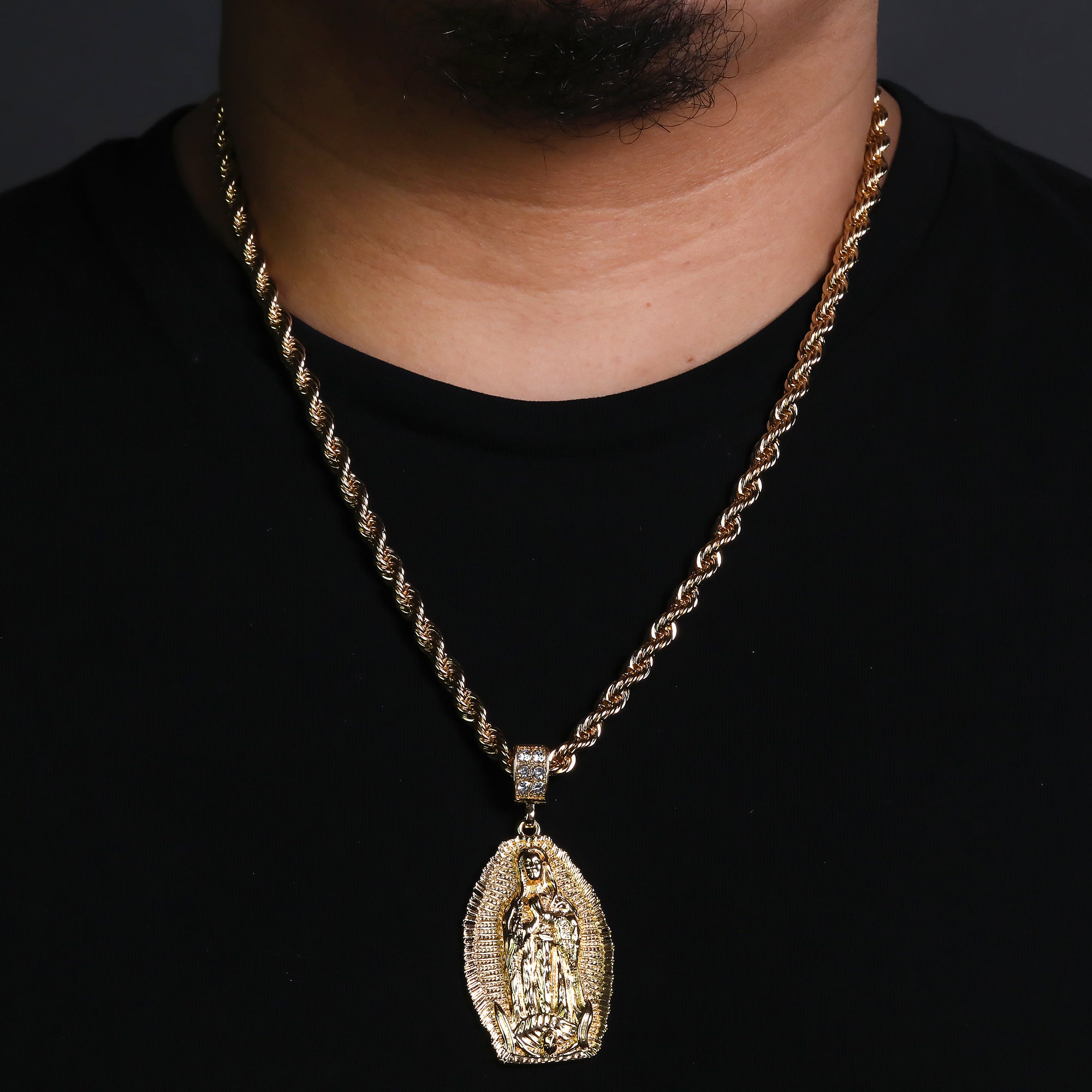 Cz Oval Flat Line Holy Guadalupe Pendant Rope 6mm 24 Necklace Men's 14k Gold Pl
