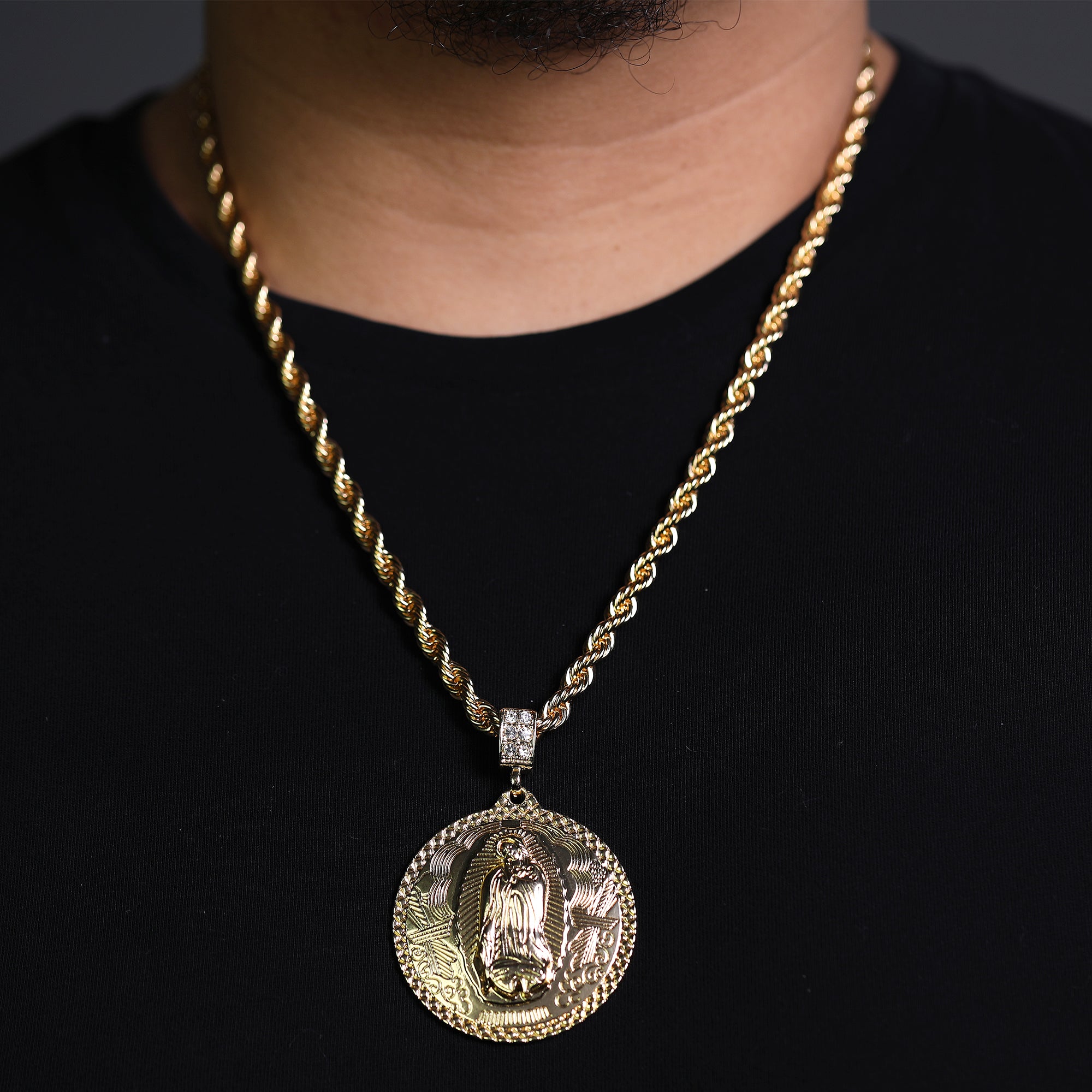 Cz Round Mini Oval Guadalupe Pendant Rope 6mm 24 Necklace Men's 14k Gold Plated