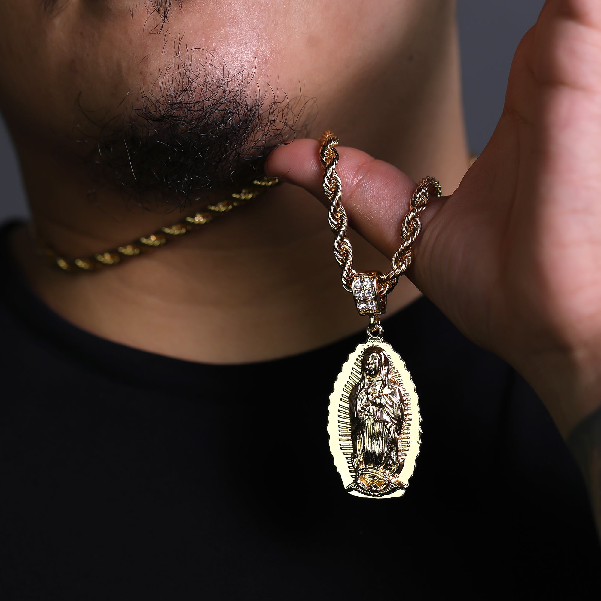Cz Oval Wavy Guadalupe Pendant Rope 6mm 24 Necklace Men's 14k Gold Plated