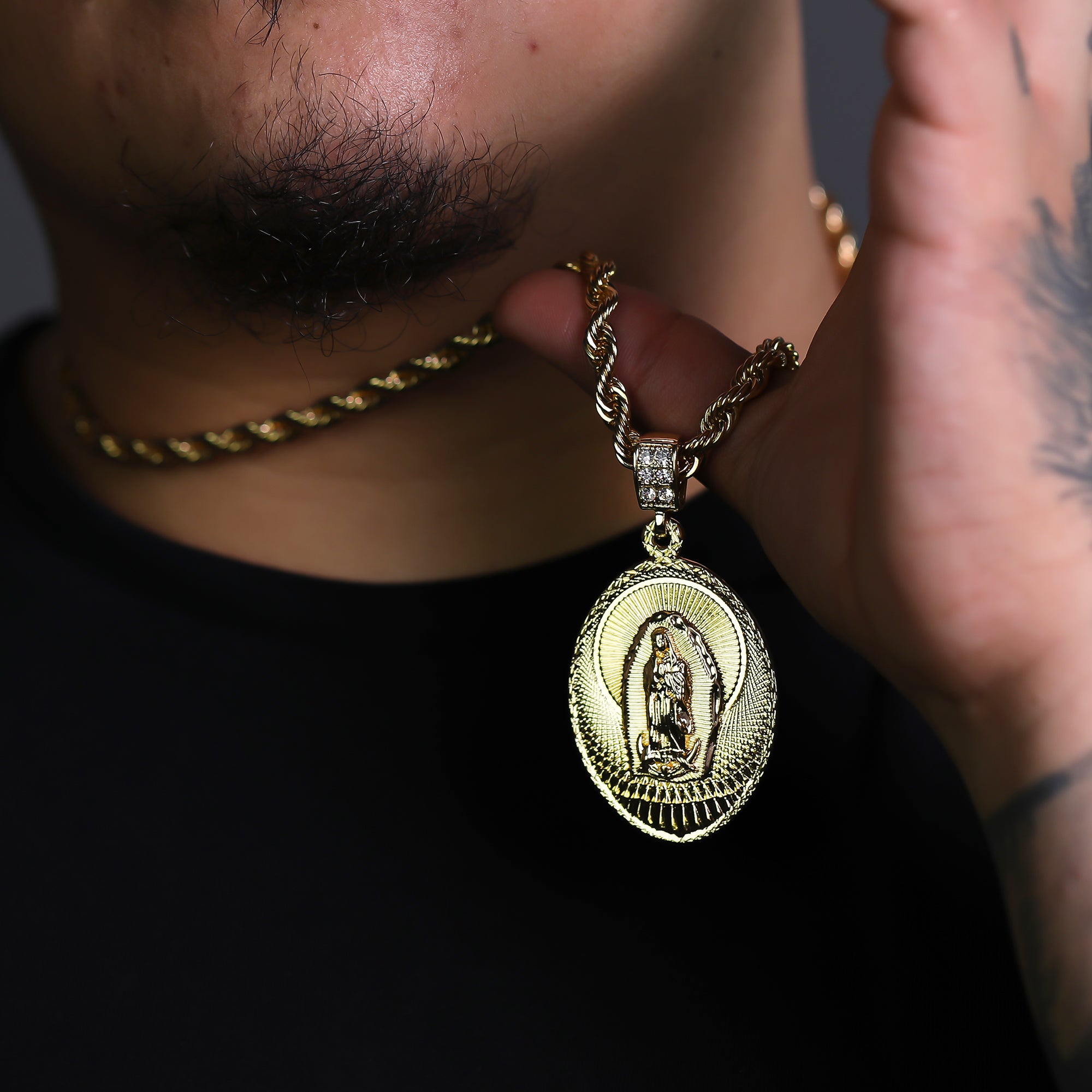 Cz Oval Pattern Line Guadalupe Pendant Rope 6mm 24 Necklace Men's 14k Gold Pl