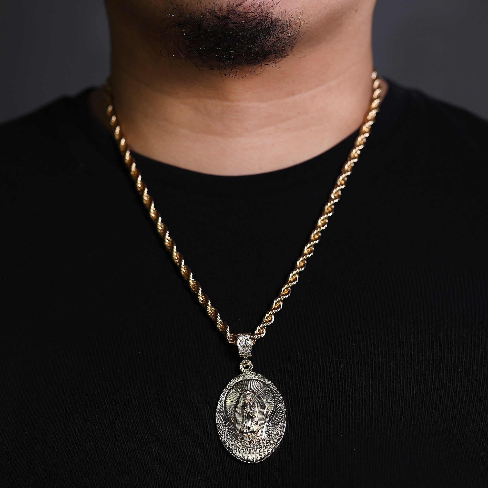 Cz Oval Pattern Line Guadalupe Pendant Rope 6mm 24 Necklace Men's 14k Gold Pl