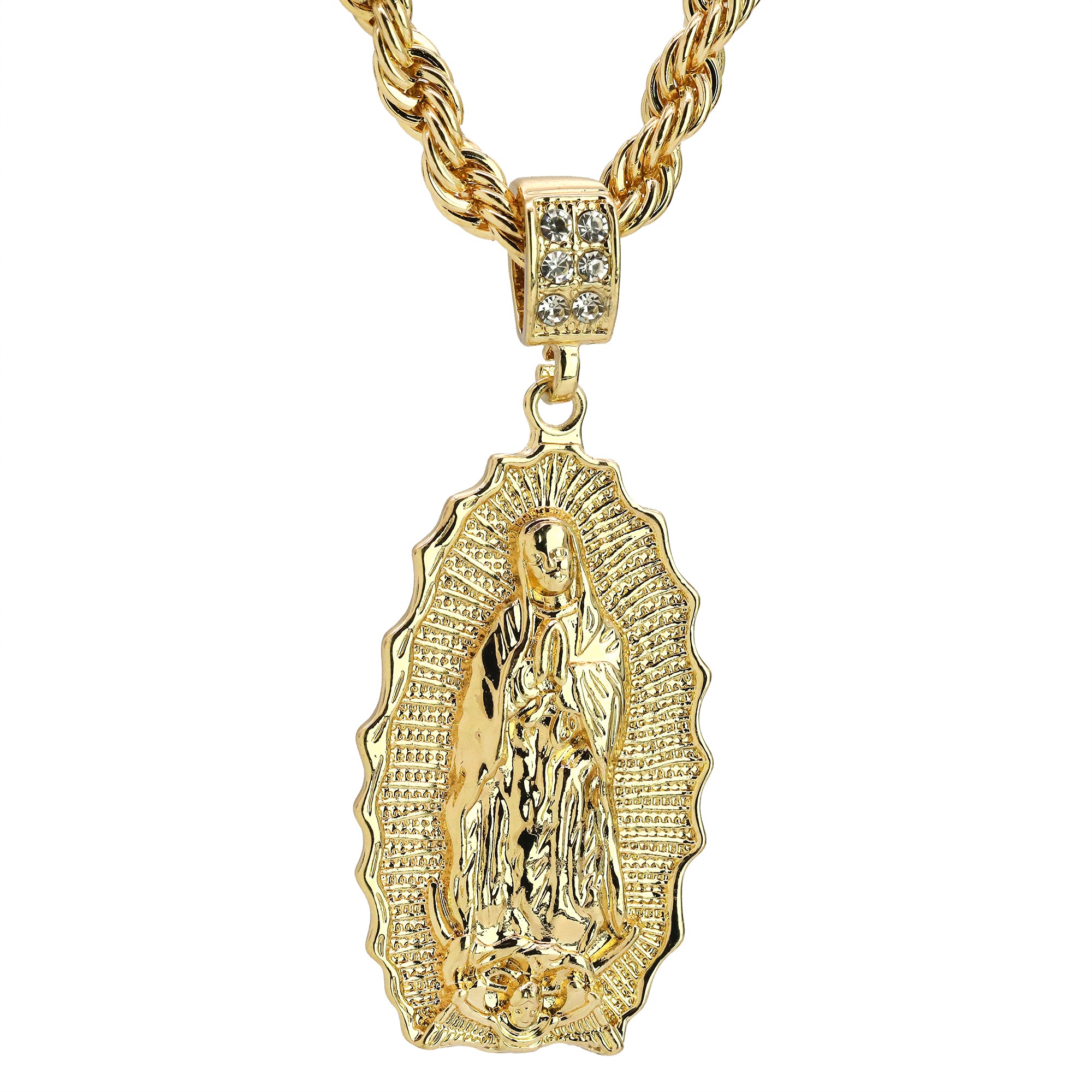 Oval Flat Bottom Wave Guadalupe Pendant Rope 6mm 24 Necklace Men's 14k Gold Plated