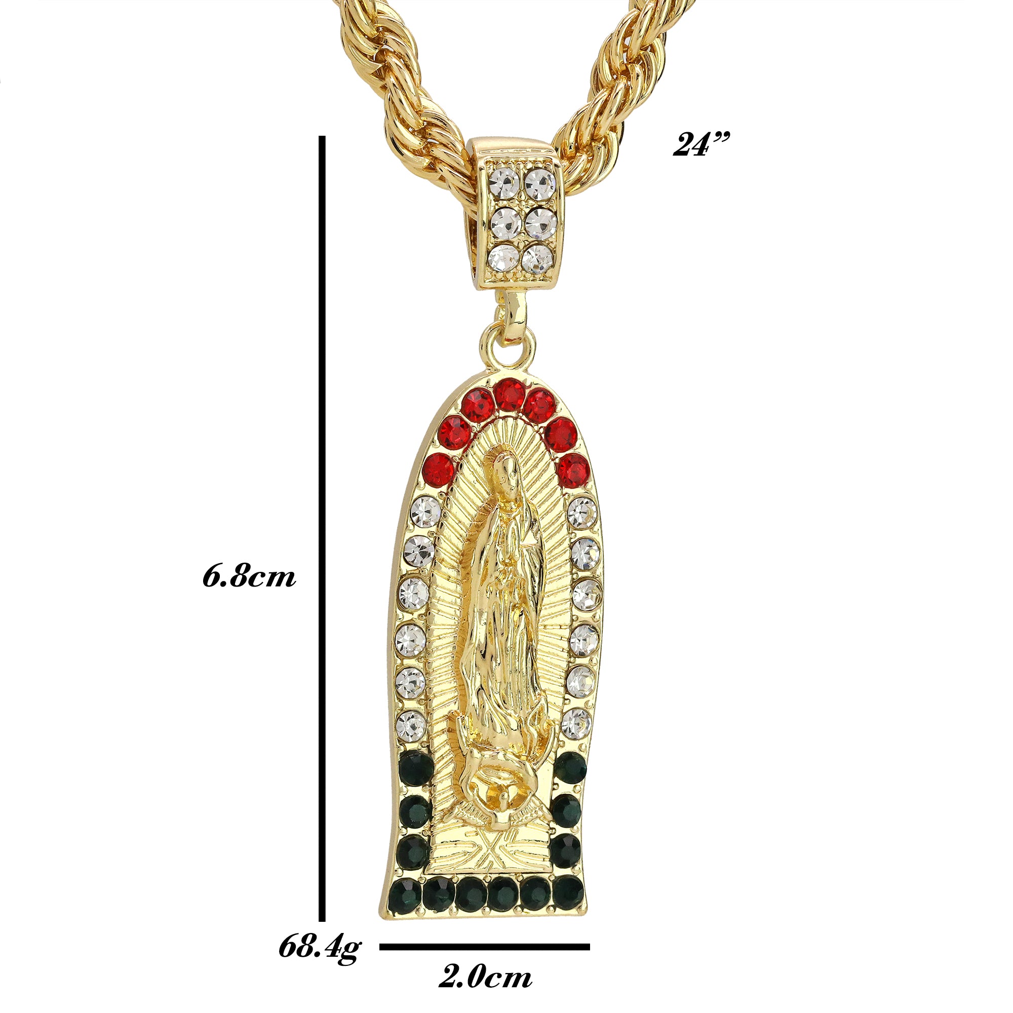 Cz Oval Thin Mexican Color Guadalupe Pendant Rope 24 Men's 14k Gold Plated Necklace