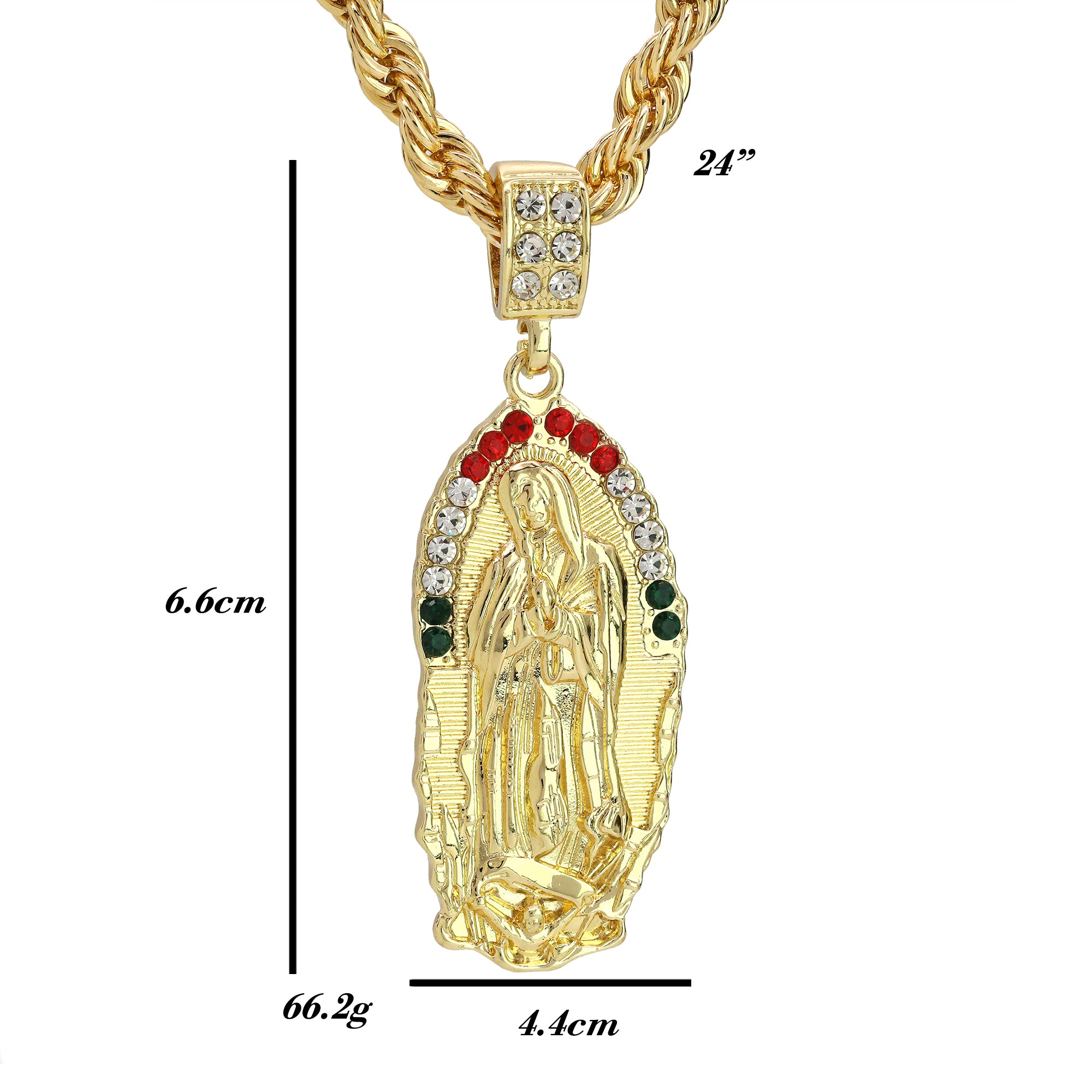 Cz Oval Half Mexican Color Guadalupe Pendant Rope 24 Necklace Men's 14k Gold Plated