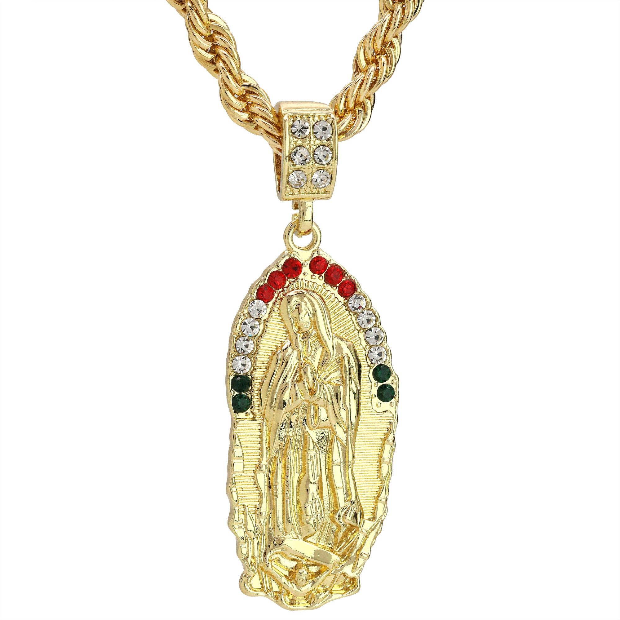 Cz Oval Half Mexican Color Guadalupe Pendant Rope 24 Necklace Men's 14k Gold Plated