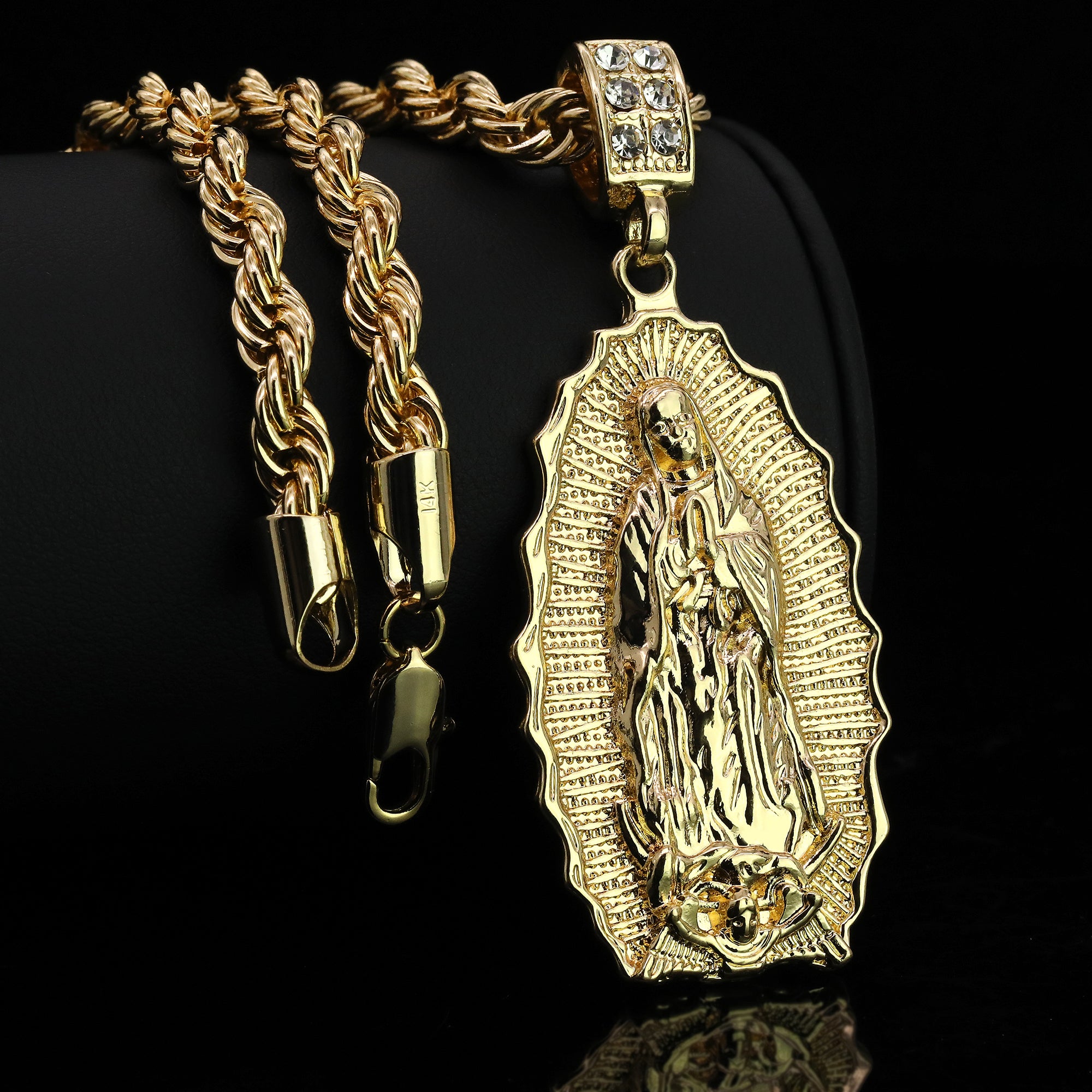 Oval Flat Bottom Wave Guadalupe Pendant Rope 6mm 24 Necklace Men's 14k Gold Plated