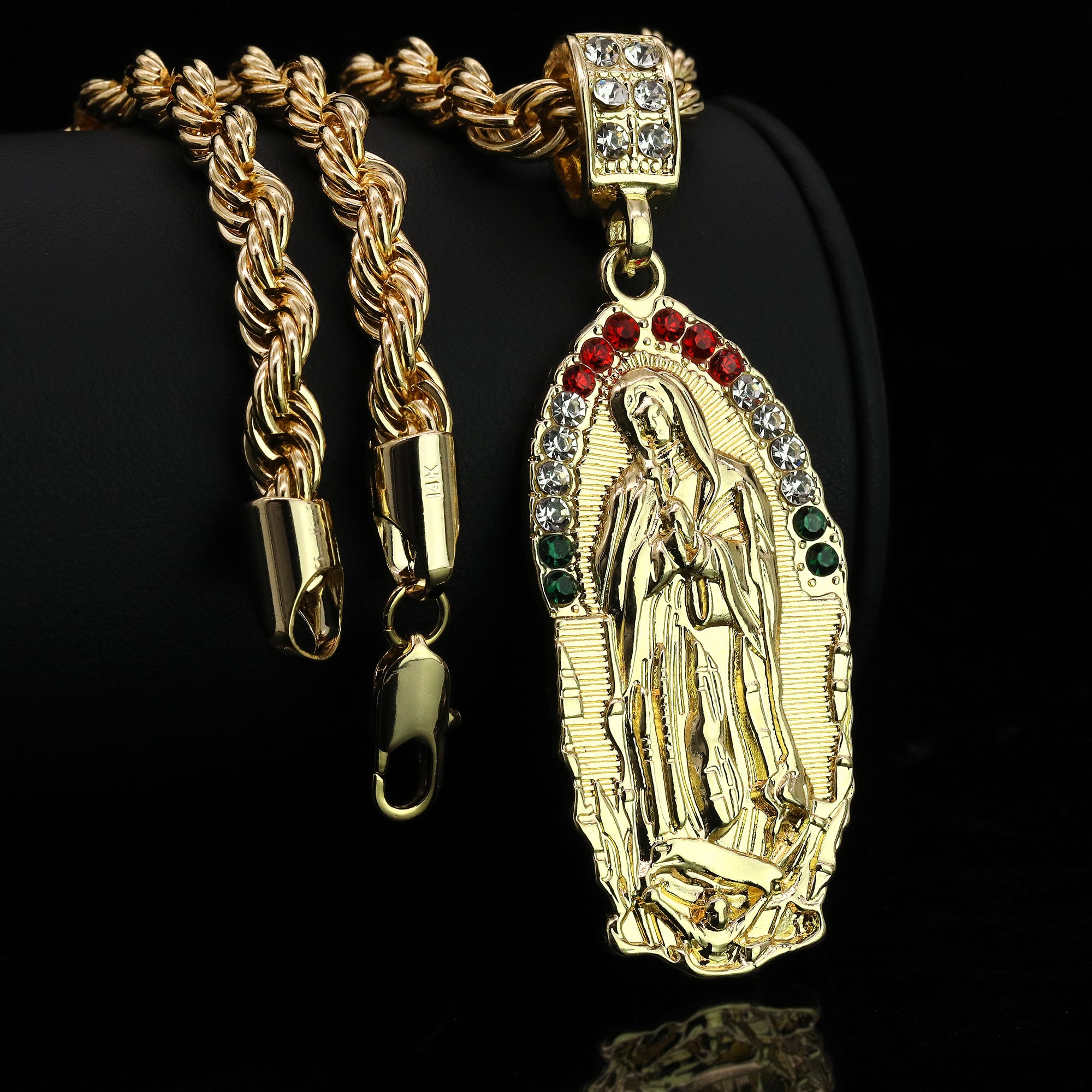 Cz Oval Half Mexican Color Guadalupe Pendant Rope 24 Necklace Men's 14k Gold Plated