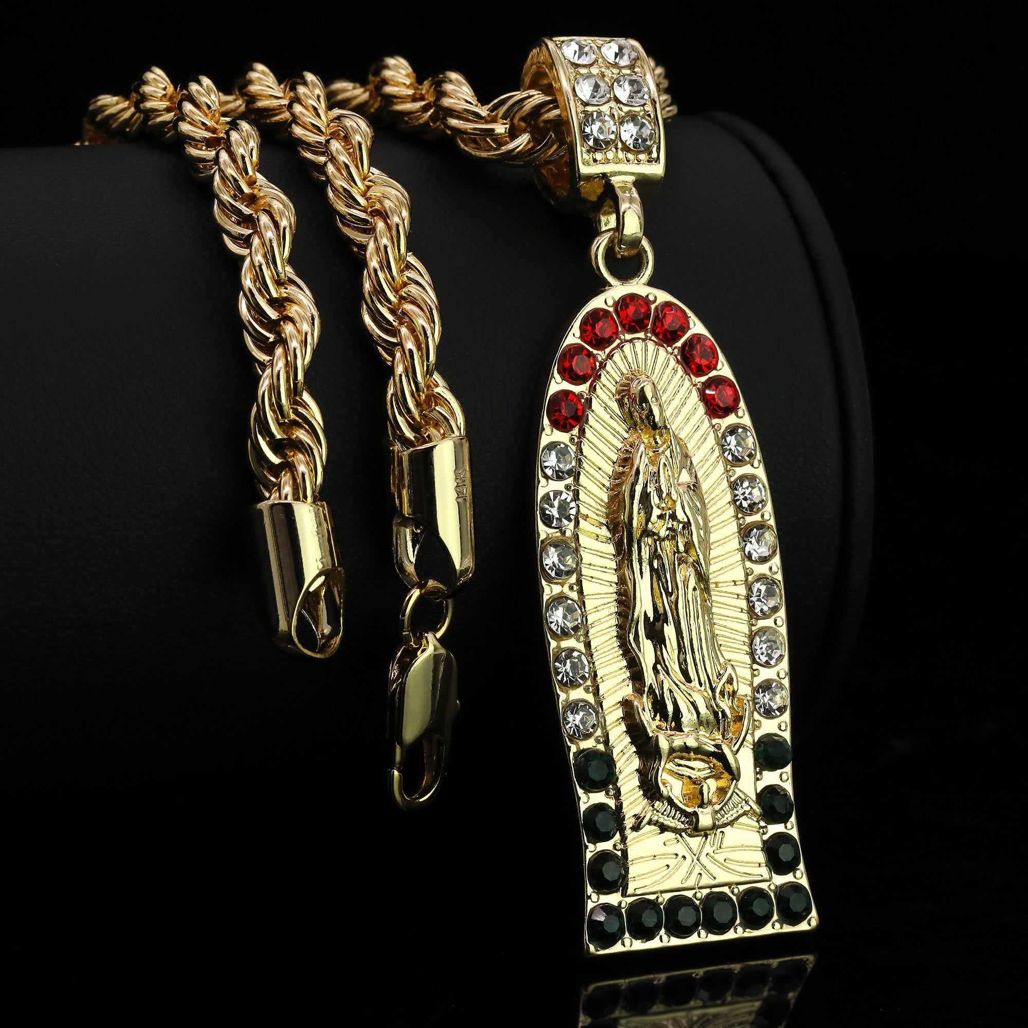 Cz Oval Thin Mexican Color Guadalupe Pendant Rope 24 Men's 14k Gold Plated Necklace