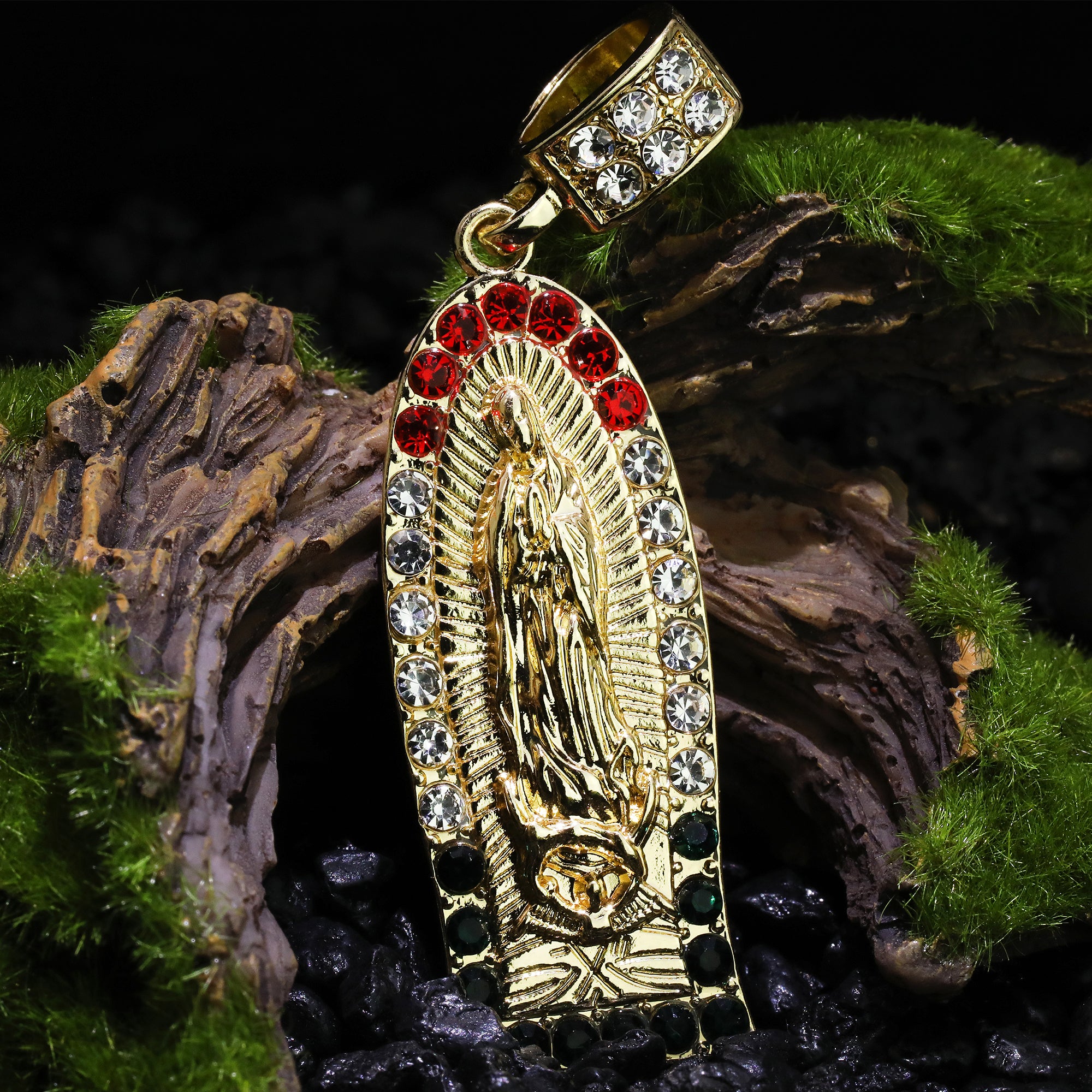 Cz Oval Thin Mexican Color Guadalupe Pendant Rope 24 Men's 14k Gold Plated Necklace