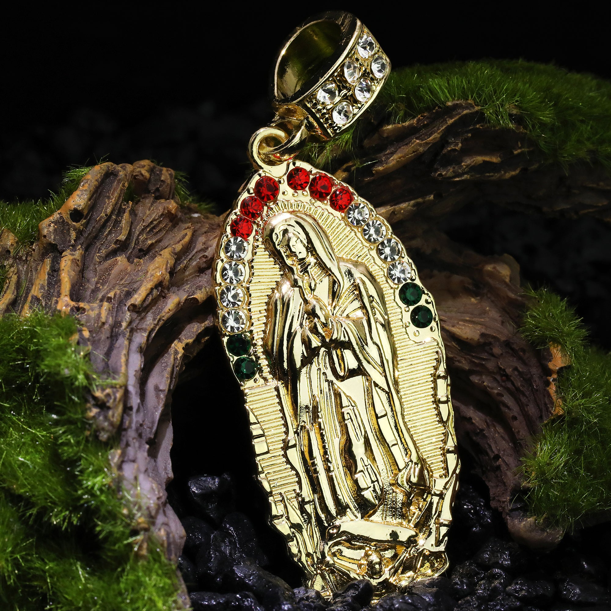 Cz Oval Half Mexican Color Guadalupe Pendant Rope 24 Necklace Men's 14k Gold Plated