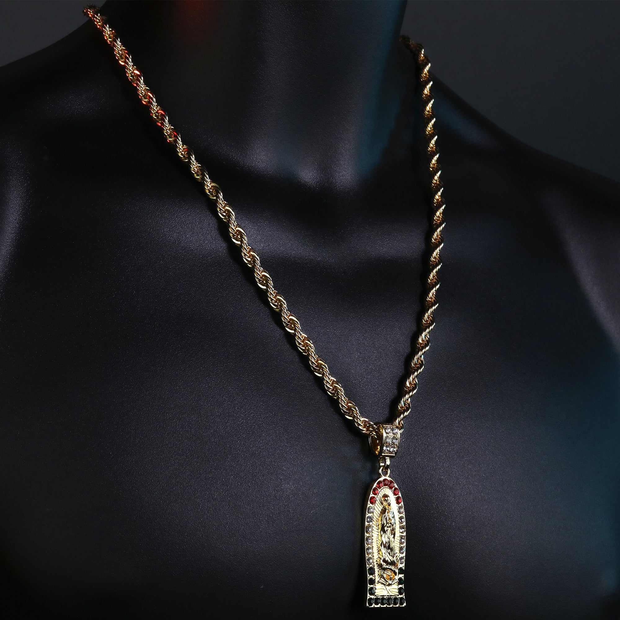 Cz Oval Thin Mexican Color Guadalupe Pendant Rope 24 Men's 14k Gold Plated Necklace