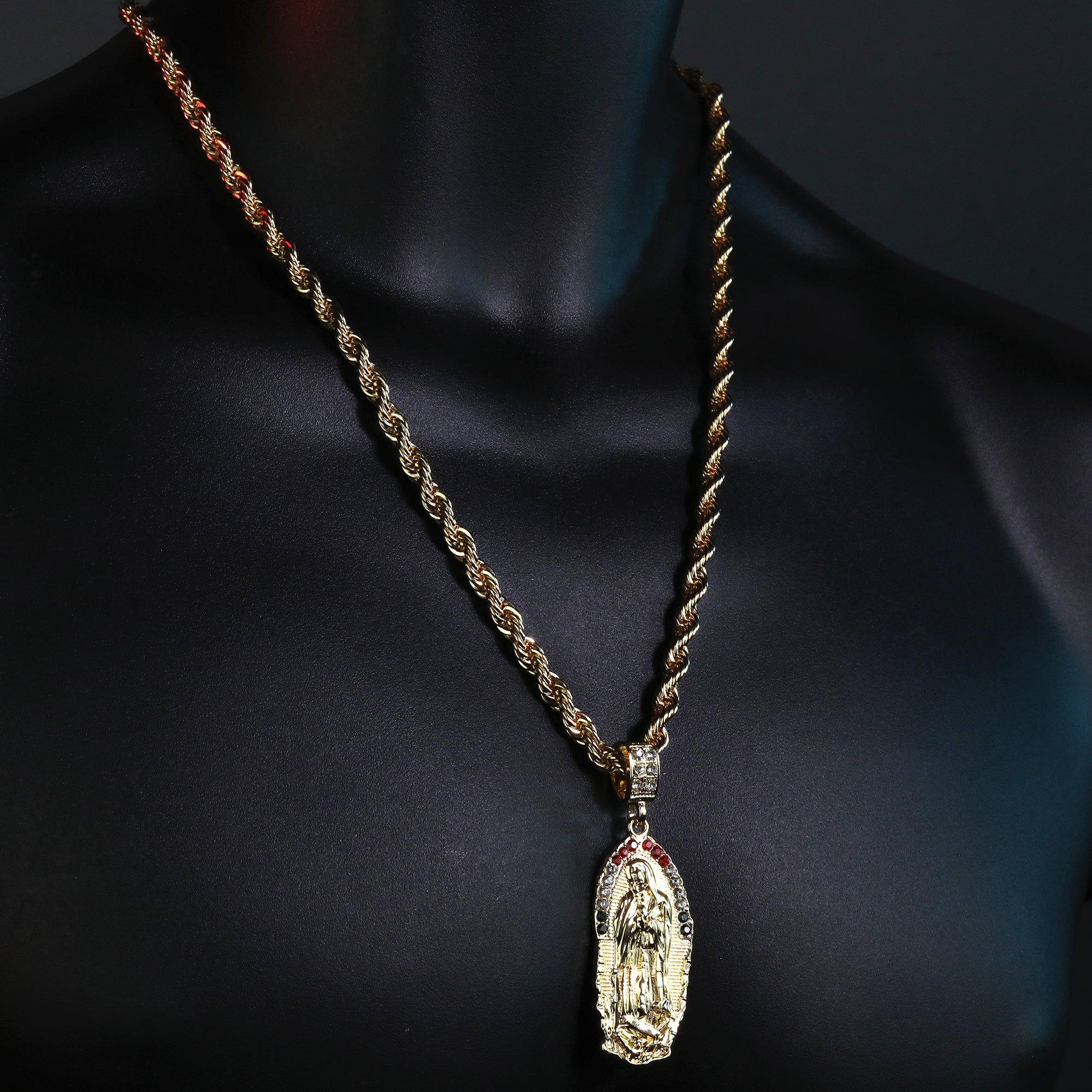 Cz Oval Half Mexican Color Guadalupe Pendant Rope 24 Necklace Men's 14k Gold Plated