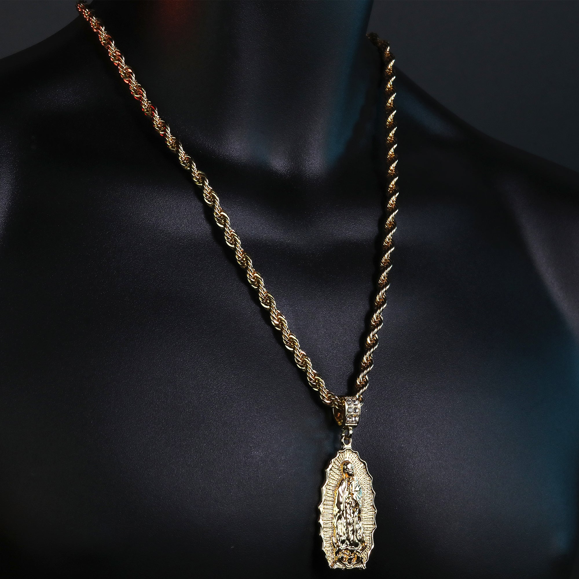 Oval Flat Bottom Wave Guadalupe Pendant Rope 6mm 24 Necklace Men's 14k Gold Plated