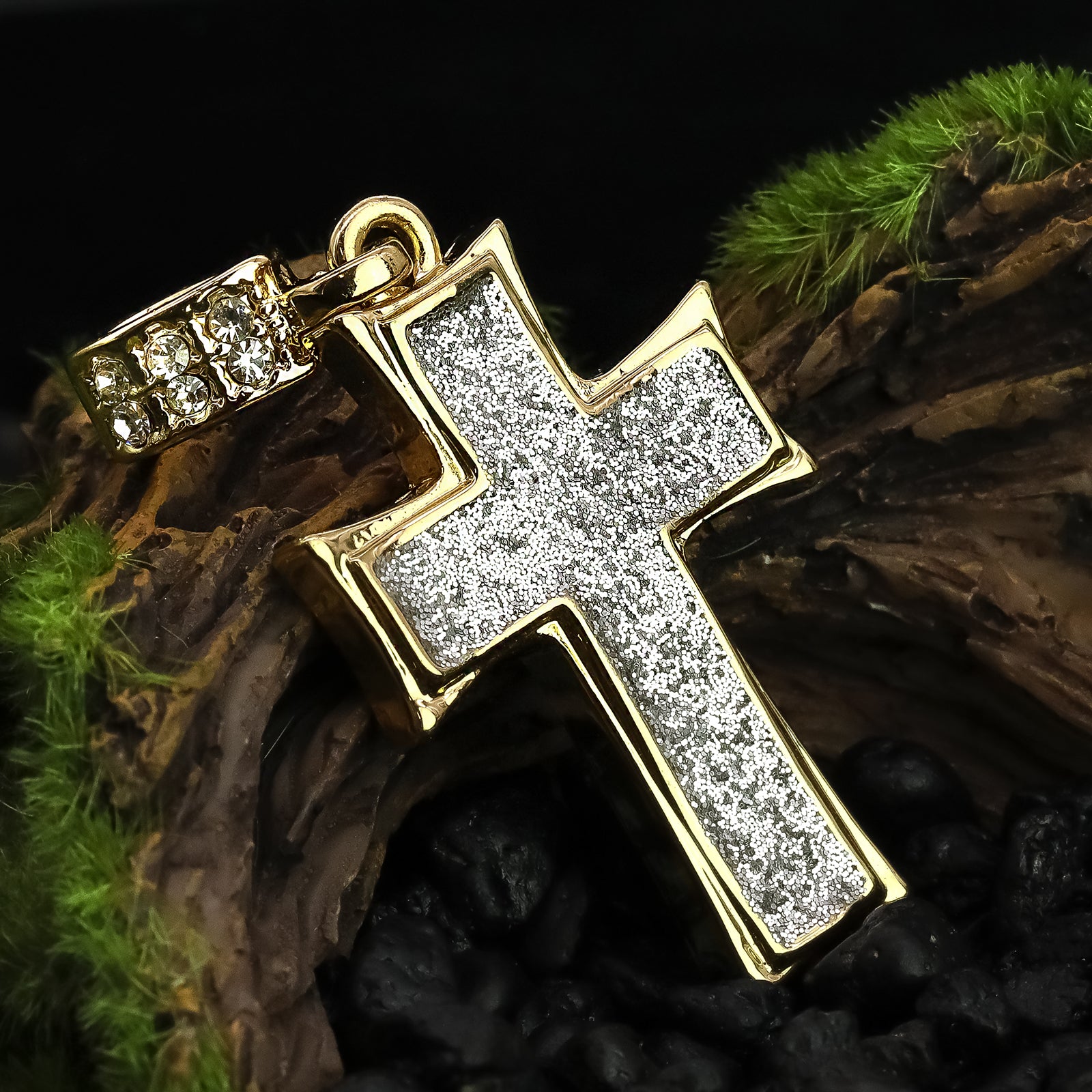 Silver Thick Stardust Cross Pendant 20" Figaro Chain Hip Hop Style 18k Gold Plated