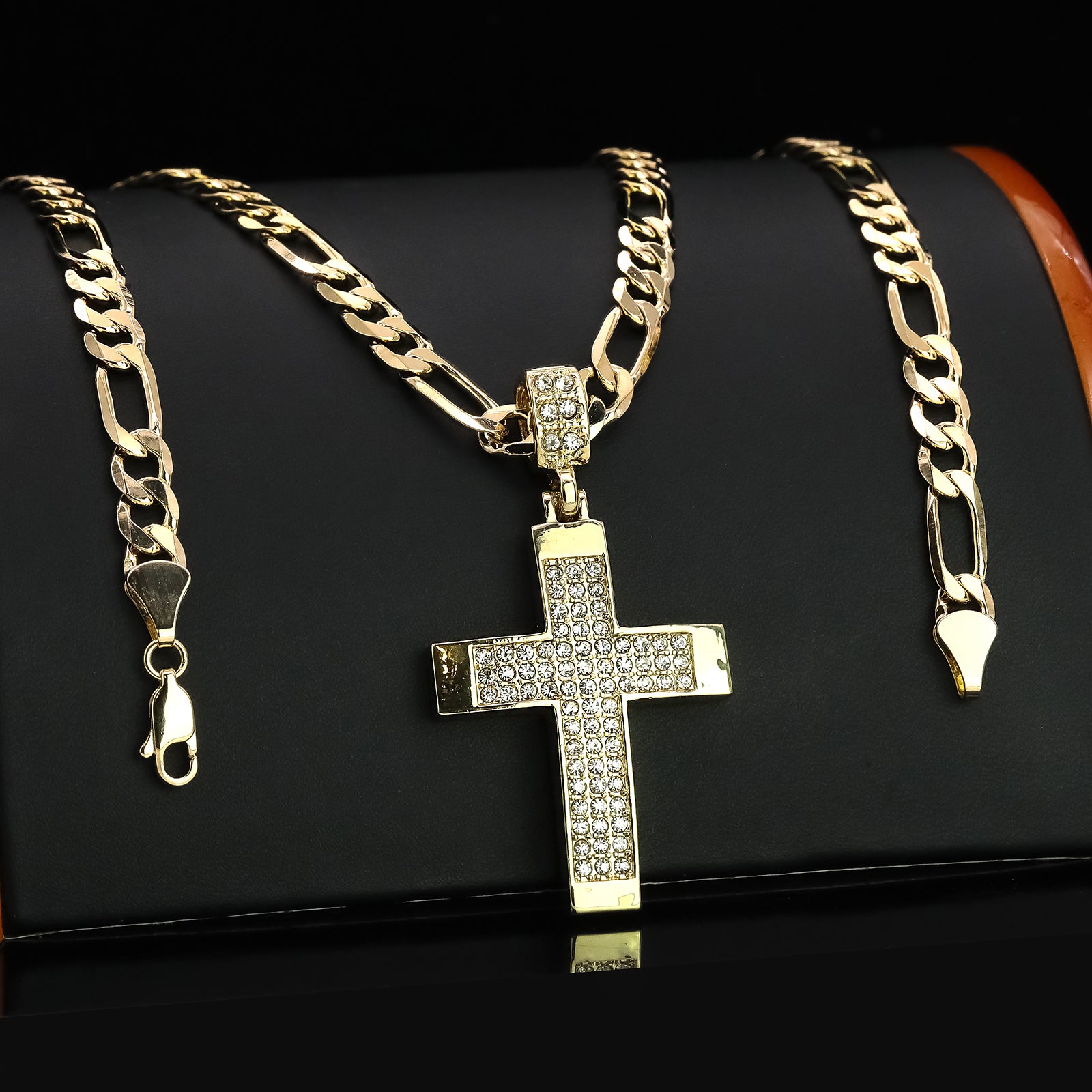3Row Cz Dome Cross Pendant 20" Figaro Chain Hip Hop Style 18k Gold Plated