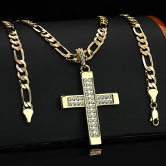 2Row Cz Pillar Cross Pendant 20" Figaro Chain Hip Hop Style 18k Gold Plated
