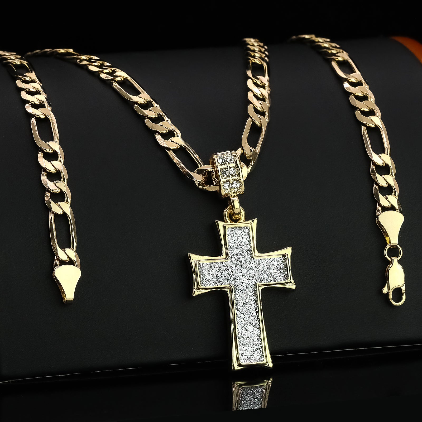 Silver Thick Stardust Cross Pendant 20" Figaro Chain Hip Hop Style 18k Gold Plated