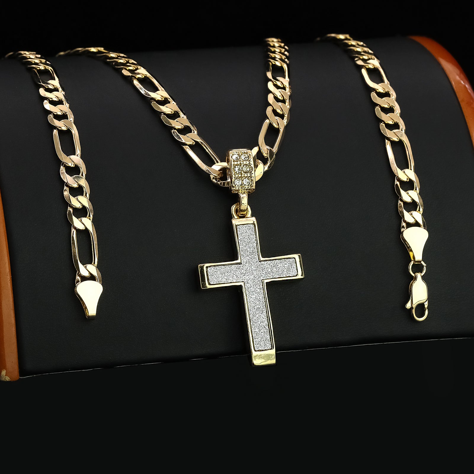 Stardust Cross Pendant 20" Figaro Chain Hip Hop Style 18k Gold Plated