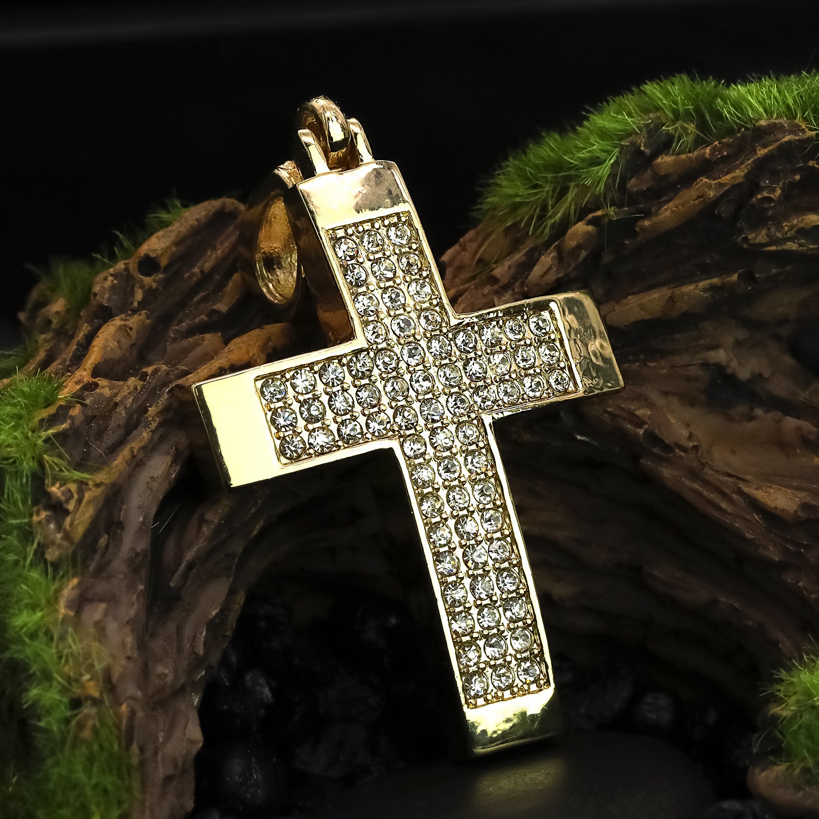 3Row Cz Dome Cross Pendant 20" Figaro Chain Hip Hop Style 18k Gold Plated
