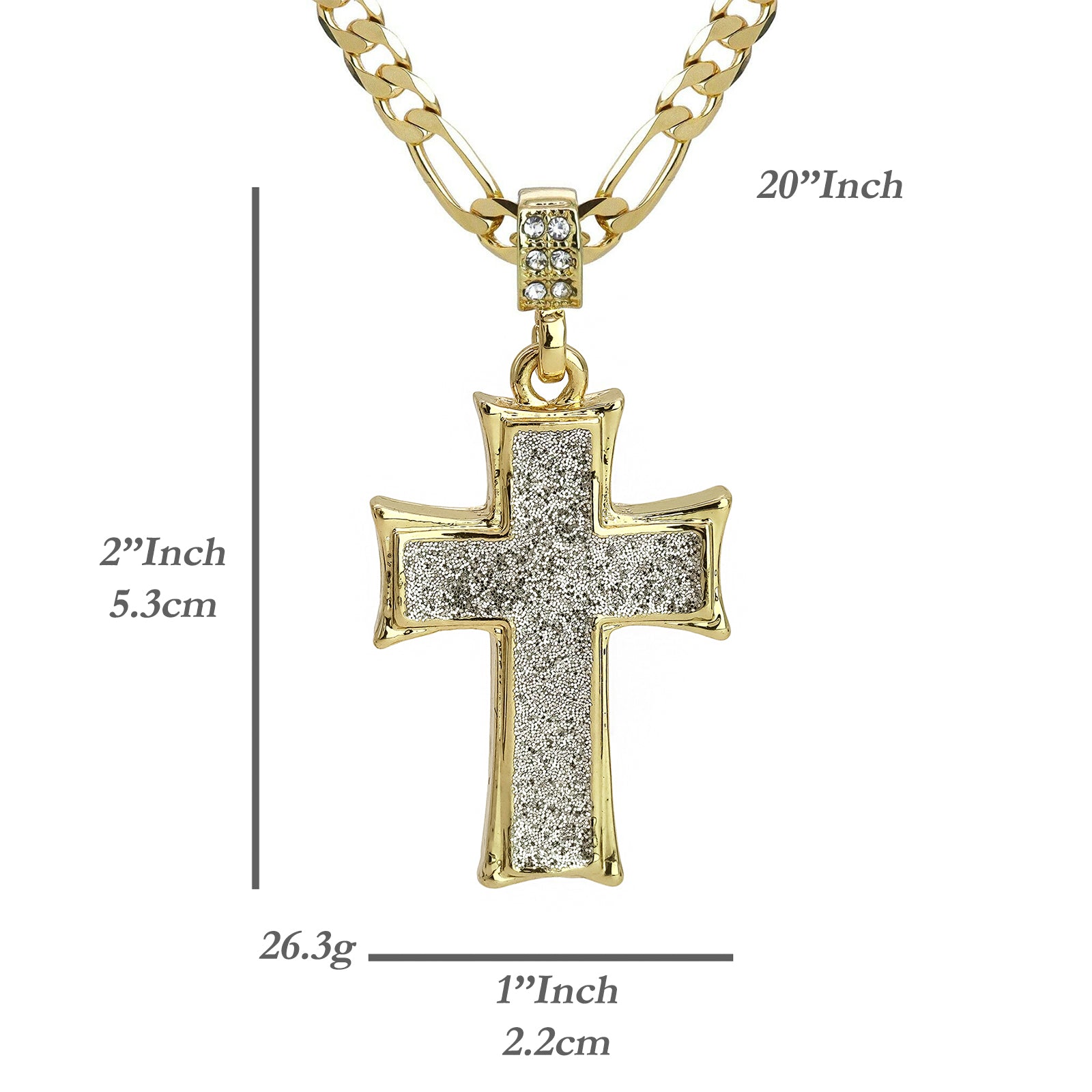Silver Thick Stardust Cross Pendant 20" Figaro Chain Hip Hop Style 18k Gold Plated