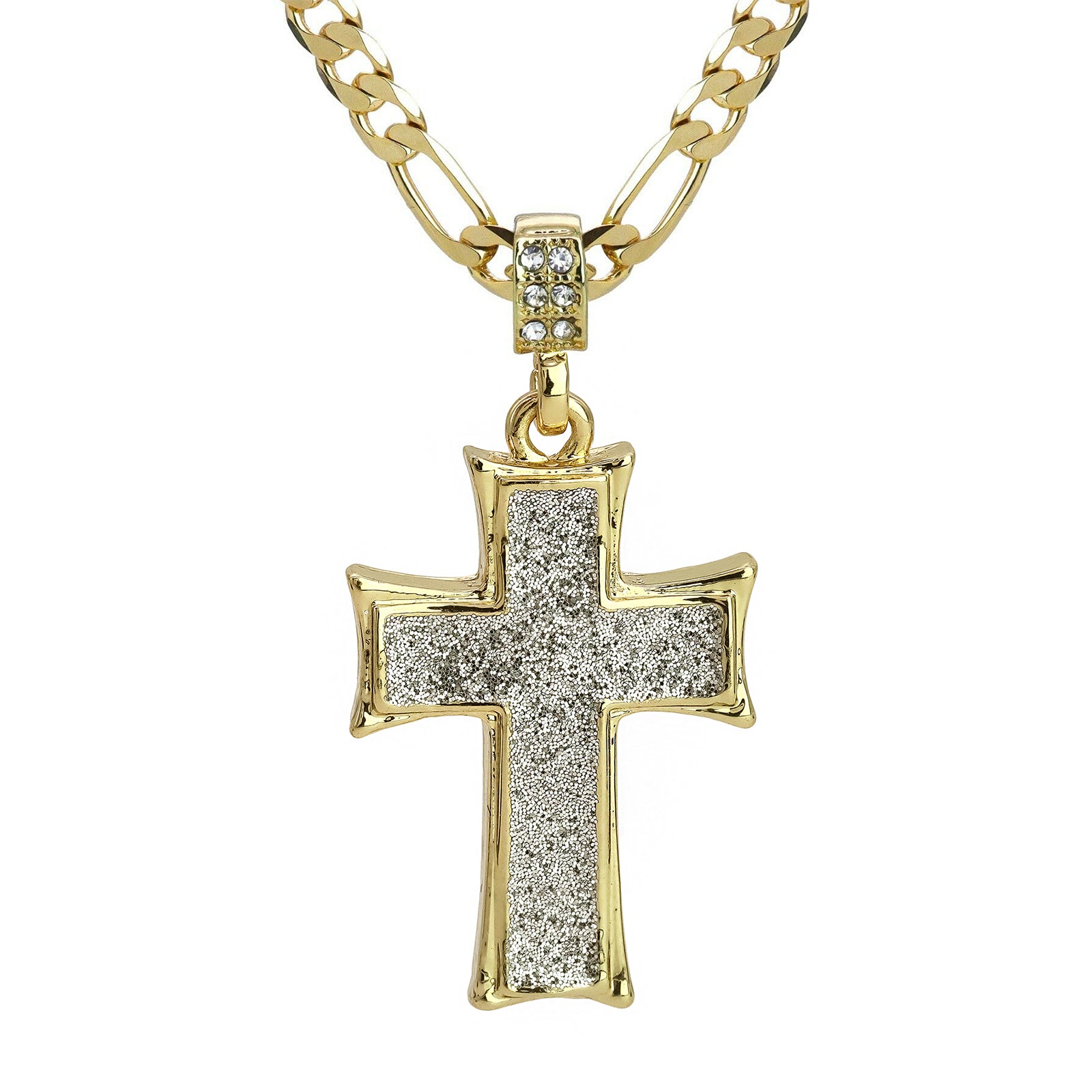 Silver Thick Stardust Cross Pendant 20" Figaro Chain Hip Hop Style 18k Gold Plated