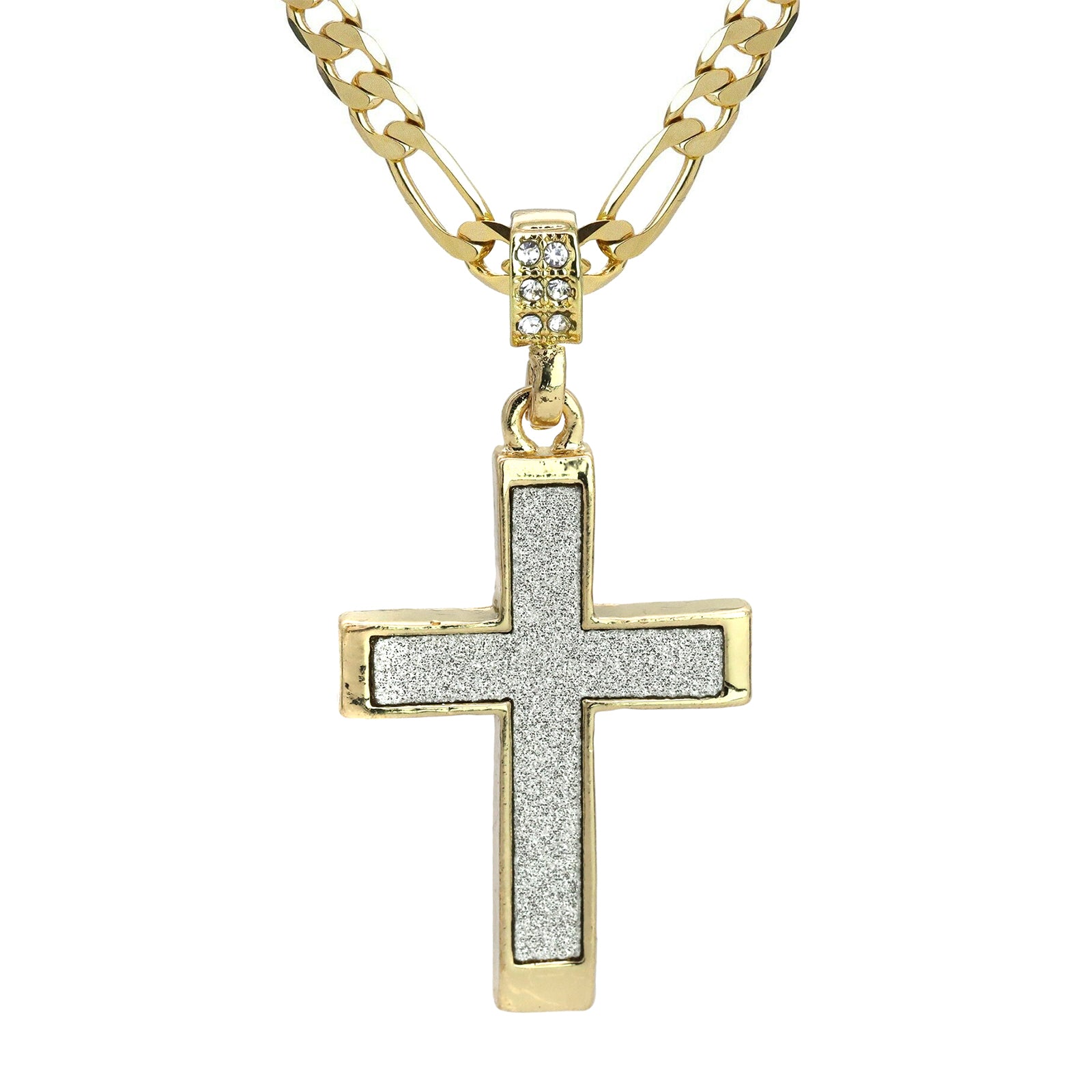 Stardust Cross Pendant 20" Figaro Chain Hip Hop Style 18k Gold Plated