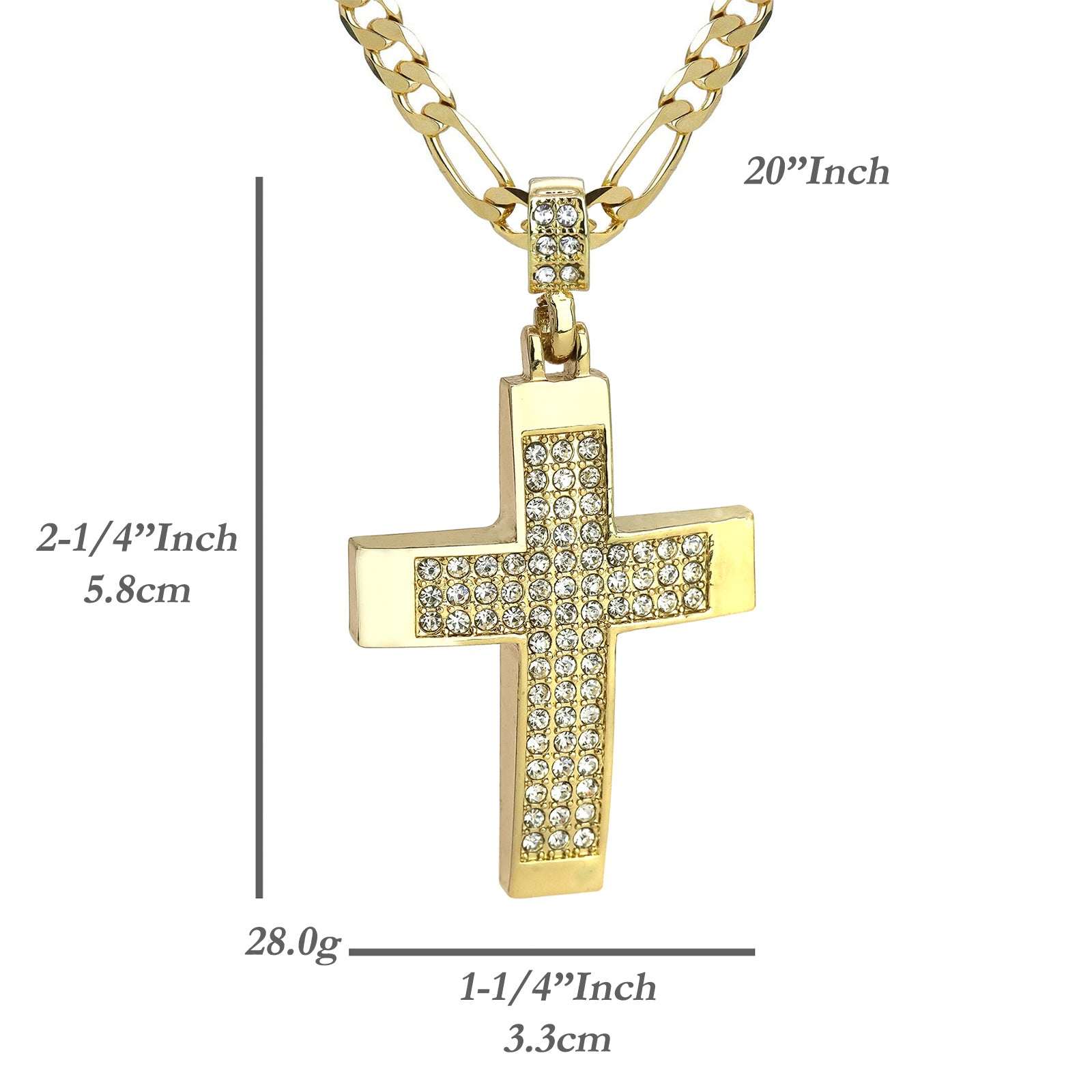 3Row Cz Dome Cross Pendant 20" Figaro Chain Hip Hop Style 18k Gold Plated