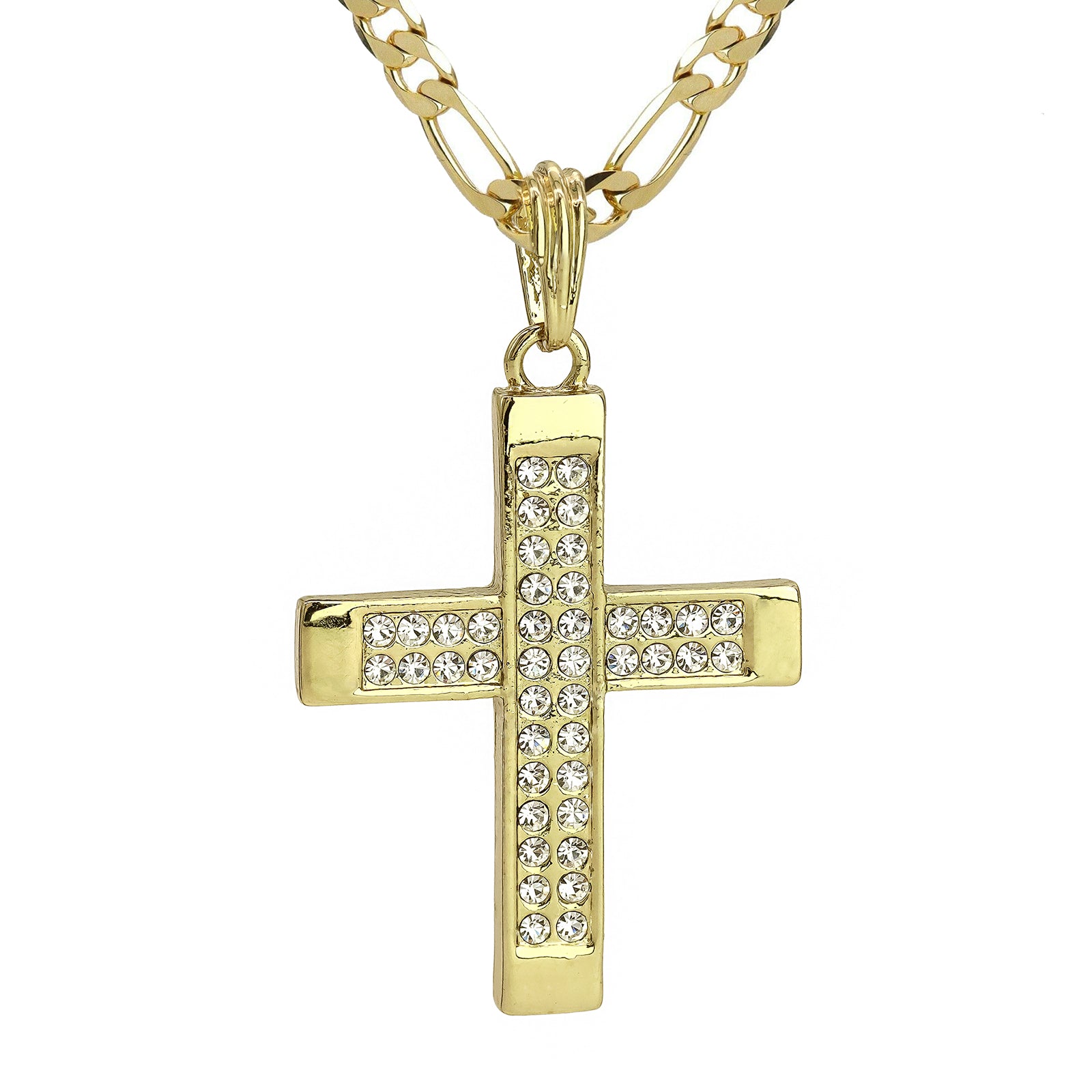 2Row Cz Pillar Cross Pendant 20" Figaro Chain Hip Hop Style 18k Gold Plated